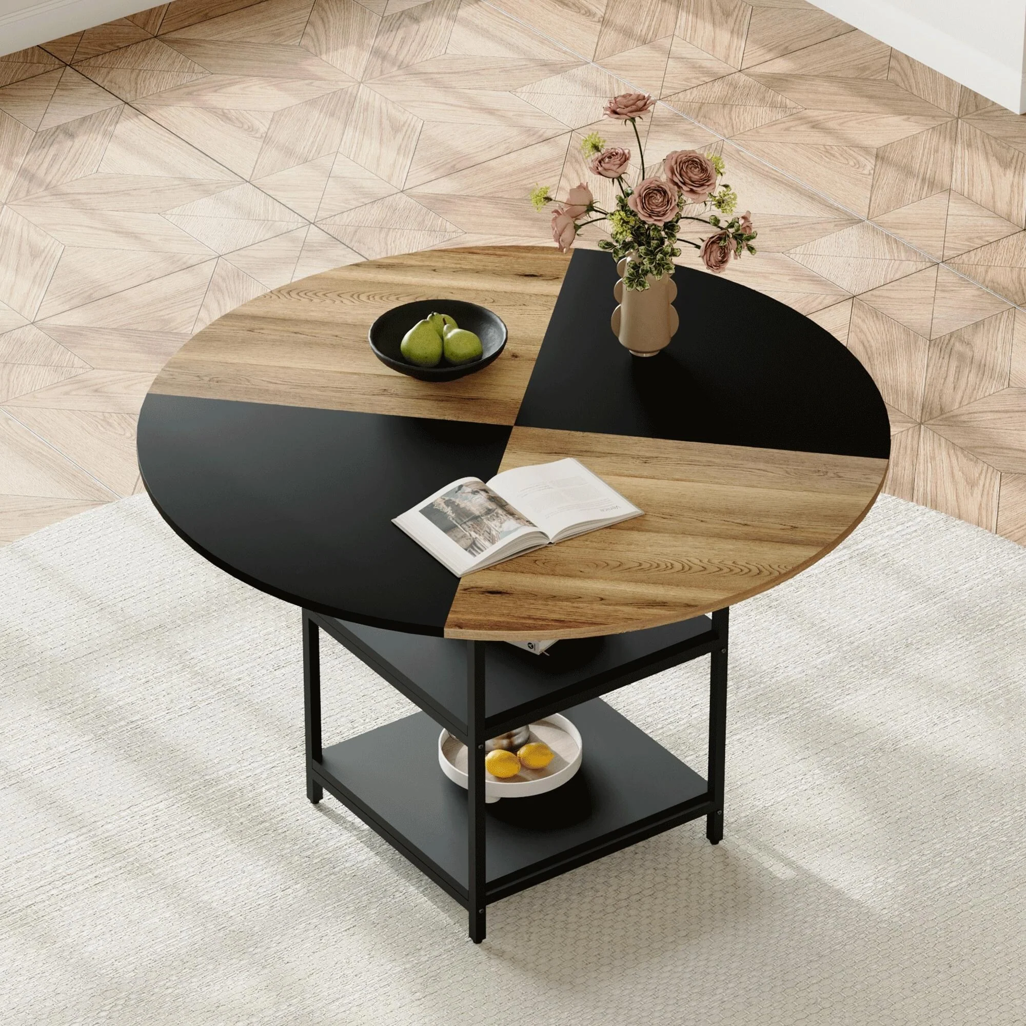 Modern Splicing Round Dining Table Coffee Table End Table with Double Layer Storage for Dining Room