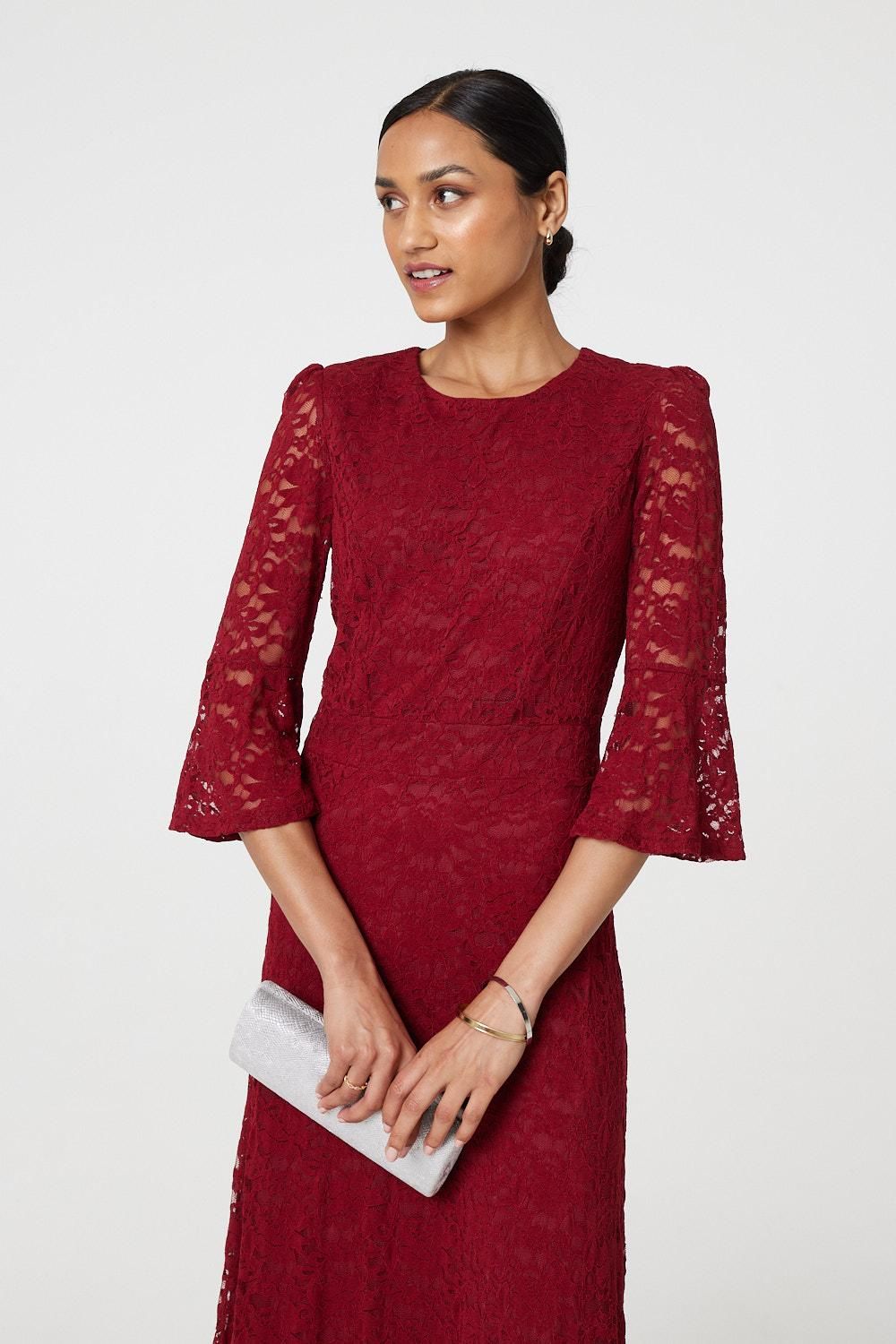 Izabel London Lace Semi Sheer 3/4 Flute Sleeve Midi Dress