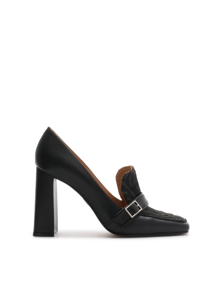 Black stiletto pumps with animal print accents