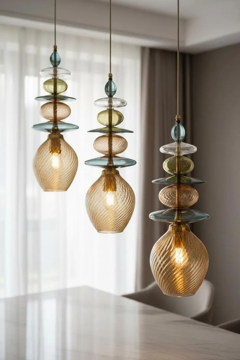 Hand Blown Glass Pendant Light – Vertical Brass Accent Lighting