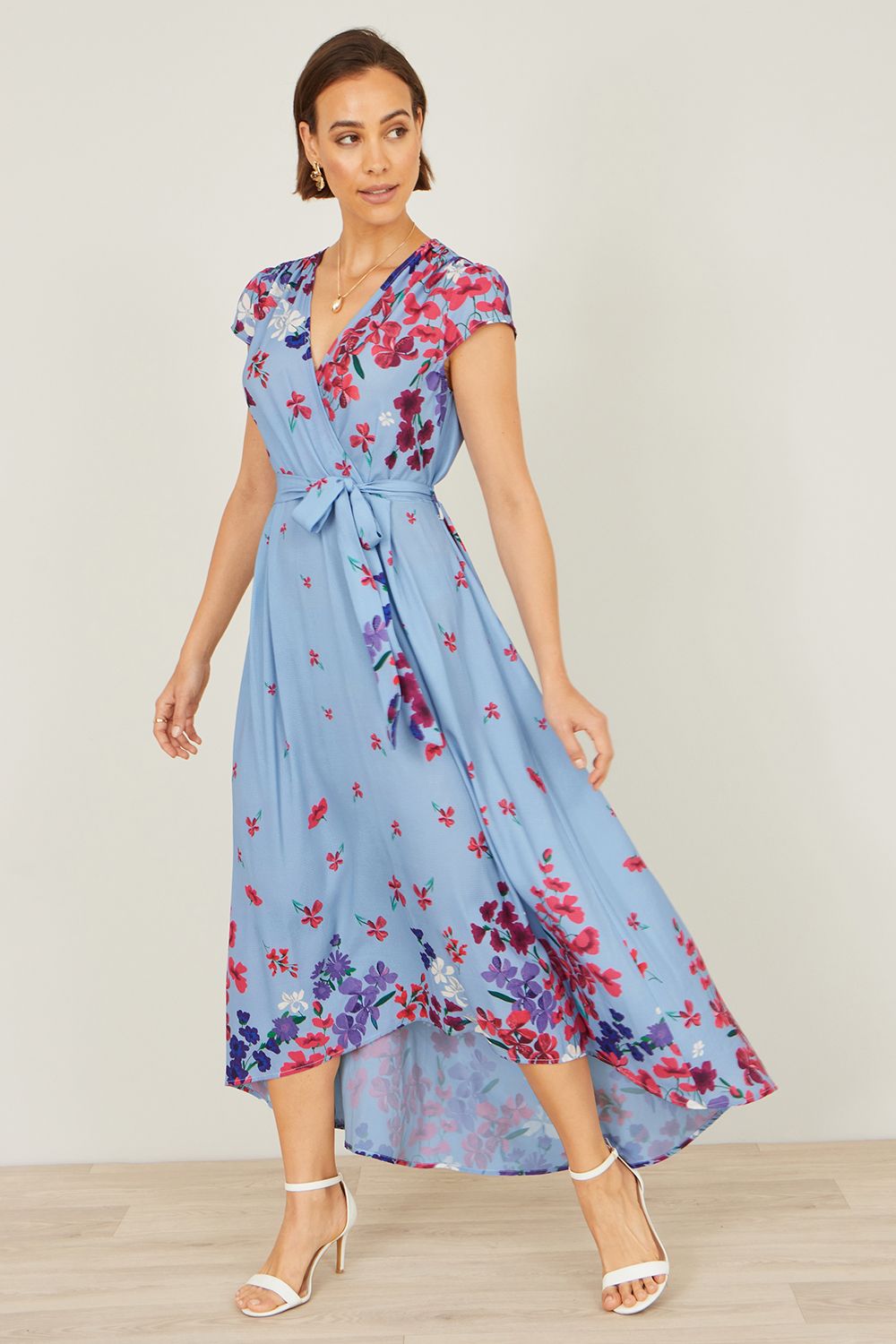 Yumi Floral Mirror Wrap High Low Midi Wrap Dress