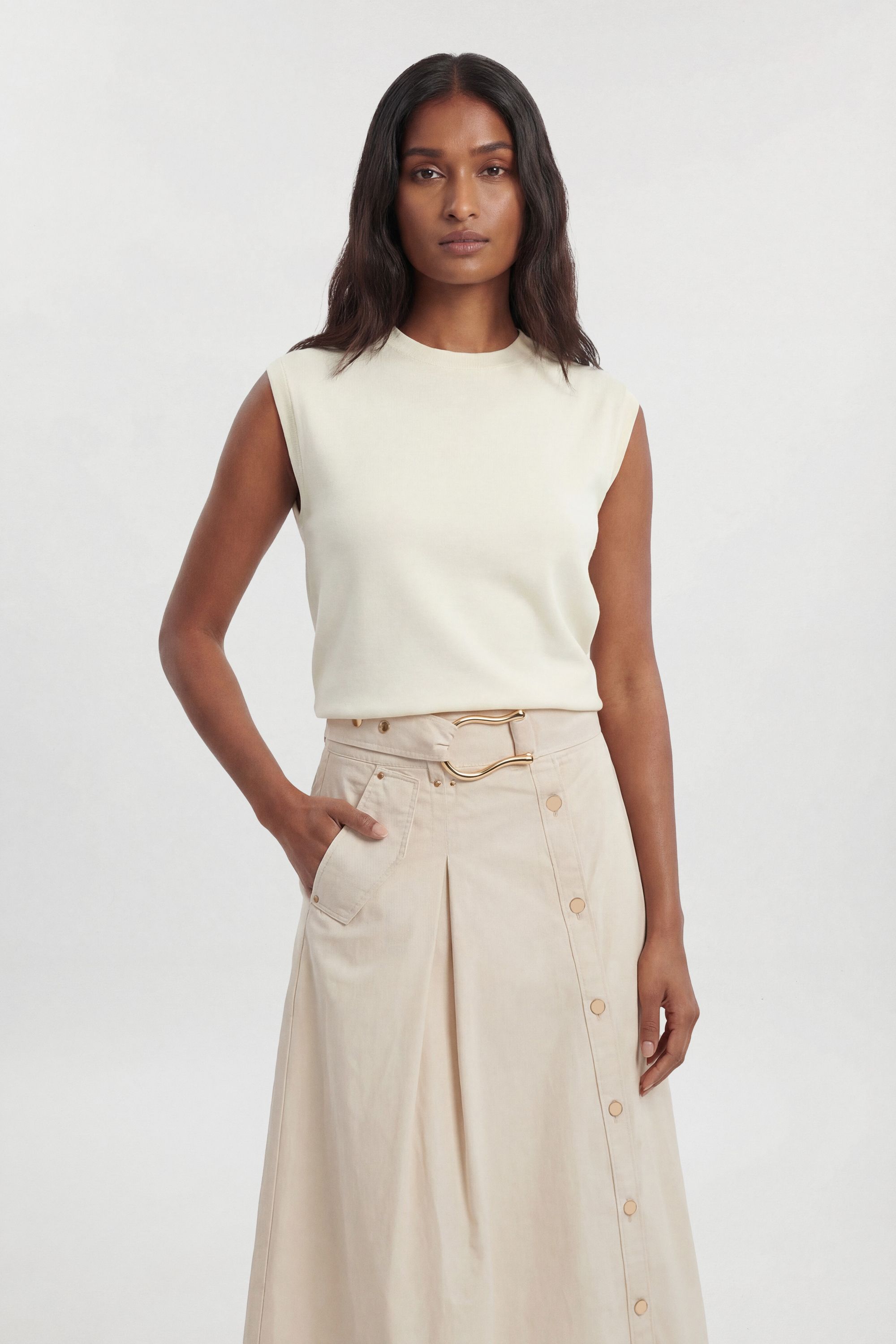 KarenMillen Cotton Sateen Button Woven Midi Skirt