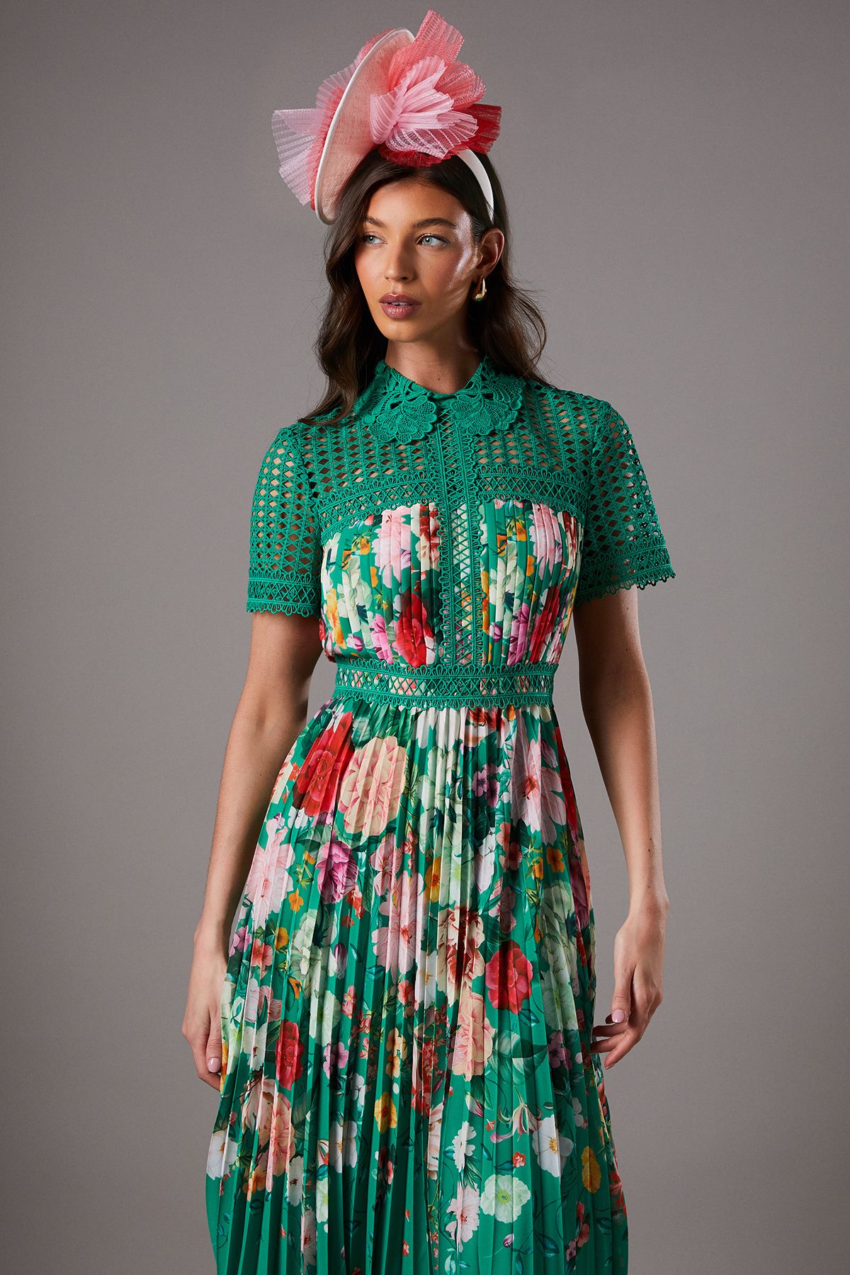 Coast Lisa Tan Lace Pleated Printed Midi Dress