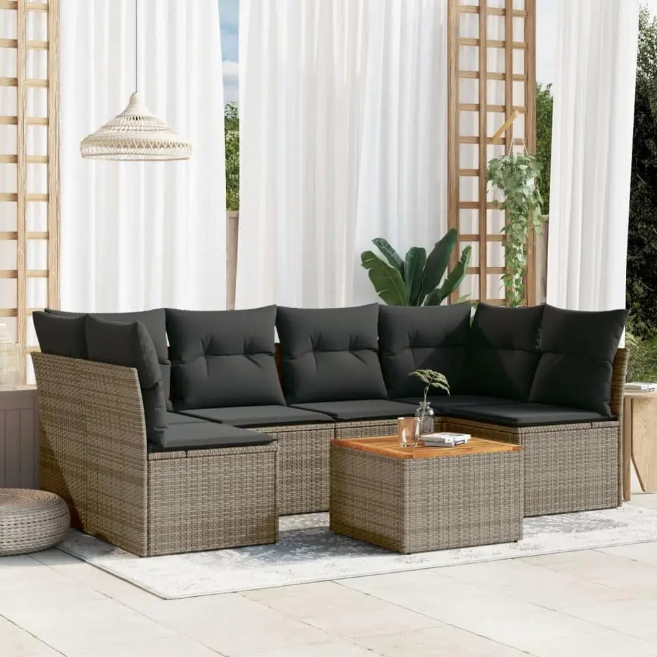 vidaXL Loungeset met kussens en hout salontafel - Grijs - Poly rattan - 7 stuks
