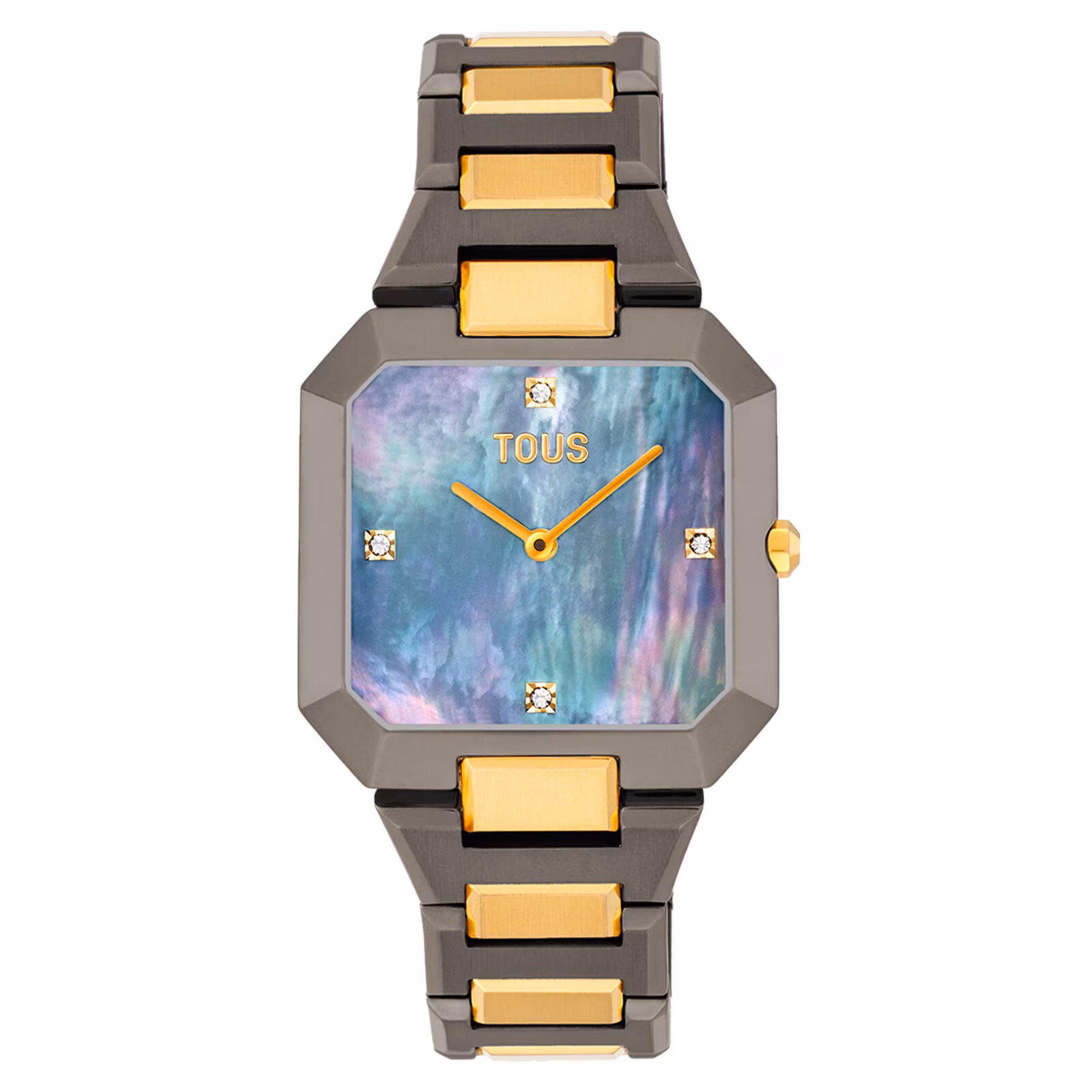 Reloj analógico con brazalete de acero negro, dorado y esfera de nácar gris Karat