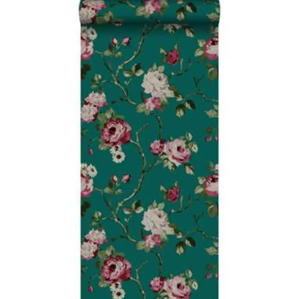 Origin behang - bloemen - smaragd groen - 53 cm x 10,05 m