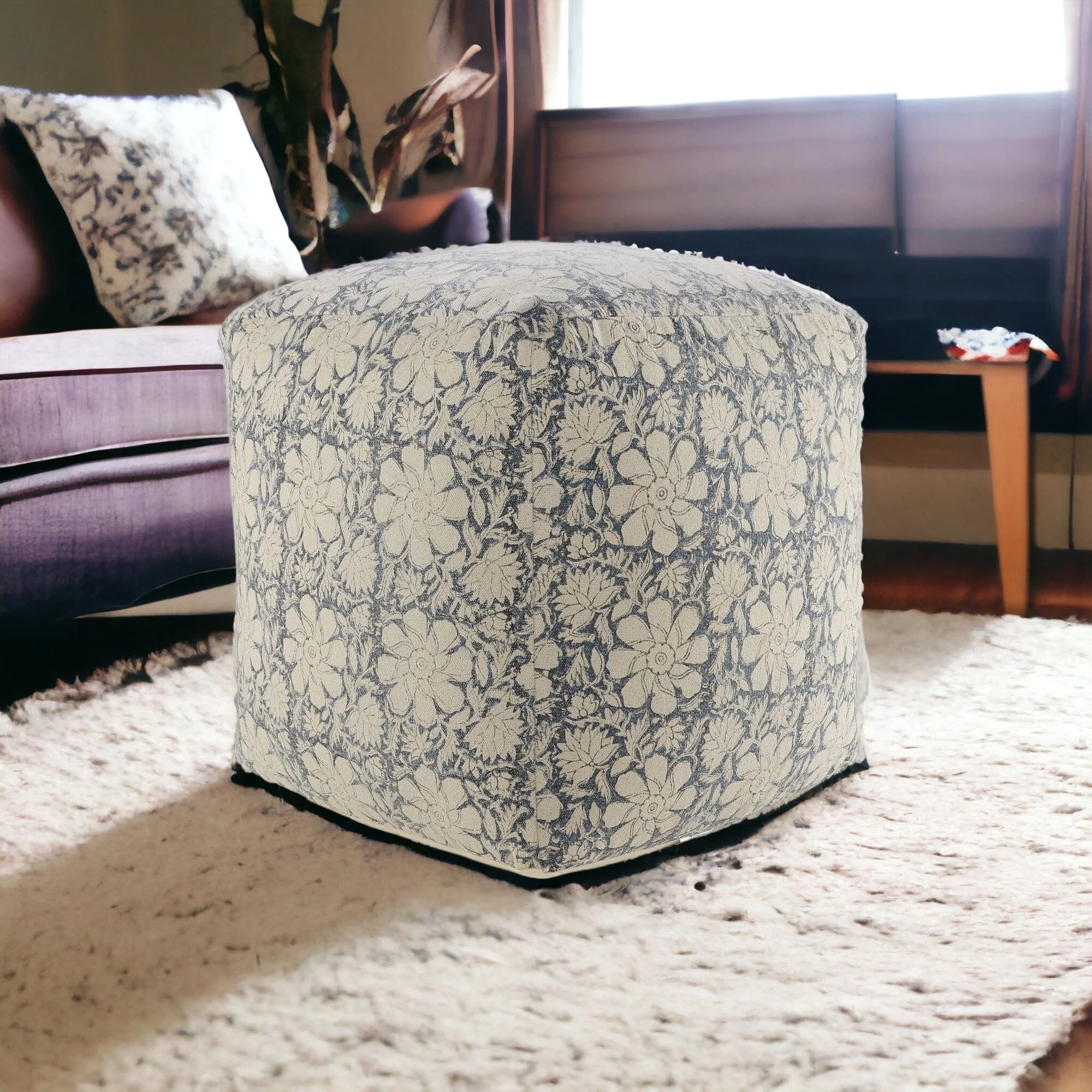 Decorative 20-Inch Pouf Ottoman Square Footrest with Floral Design in Blue and Beige Ideal for Living Room