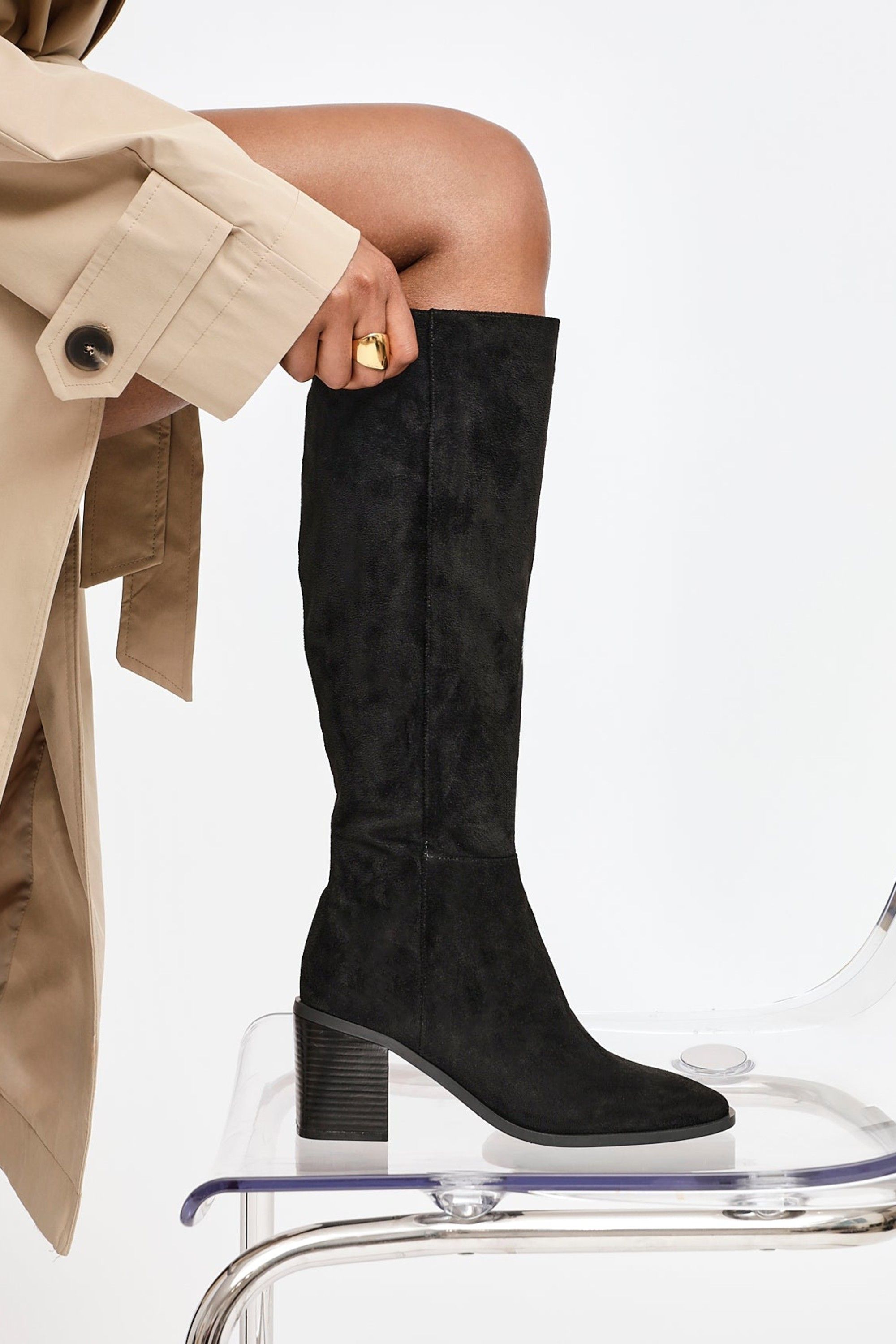 Linzi Levine Black Faux Suede Block Heeled High Leg Boot