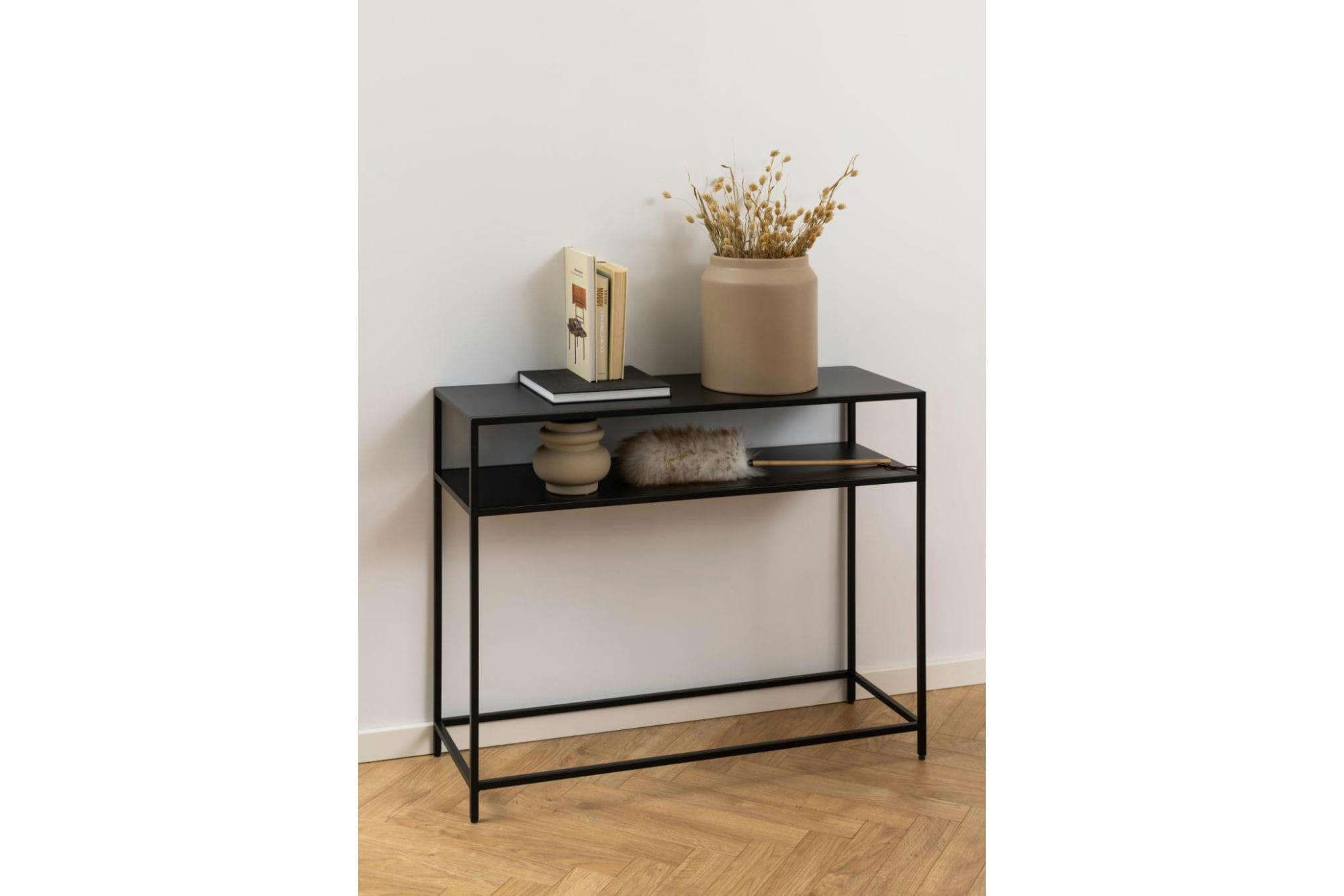 CASSIA - Console rectangulaire double plateau en métal noir L100