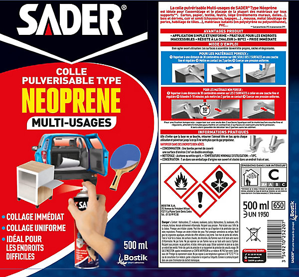 Colle Multi-usages Sader Pulvérisable type Néoprène Aérosol 500 ml