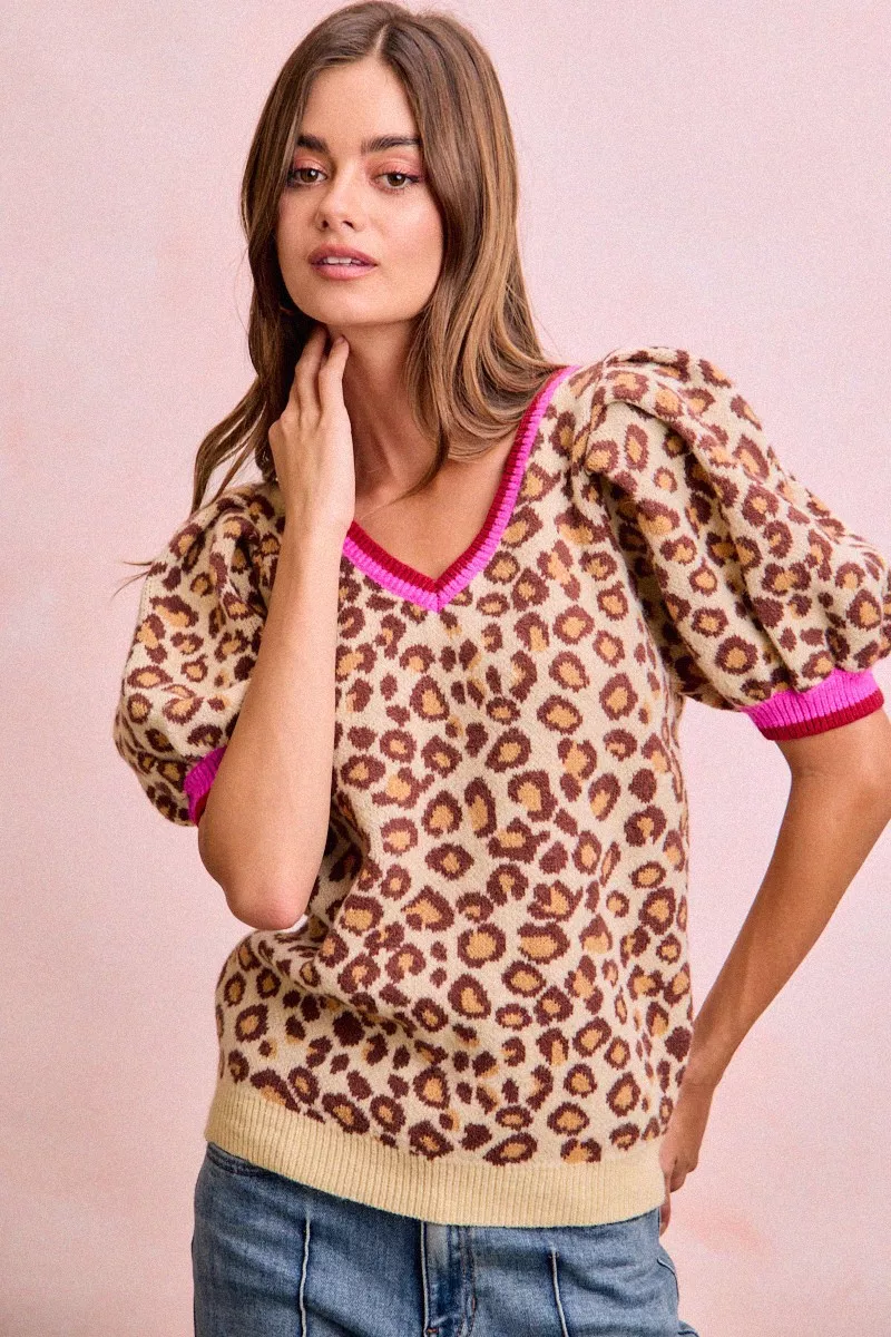 Leopard Pattern Puff Sleeve V-neck Sweater Top
