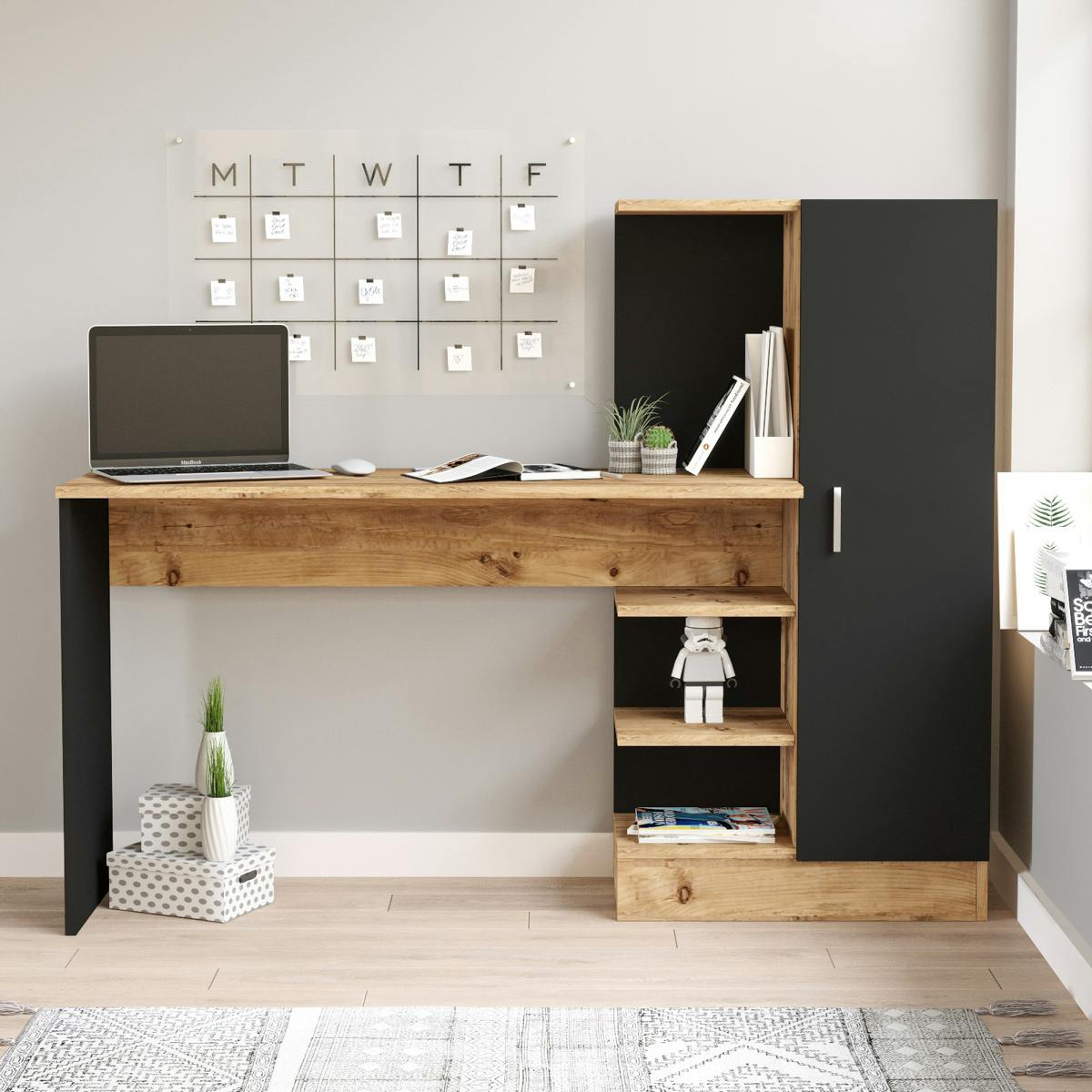 Bureau ado noir décor bois avec rangement et étagères MARFA
