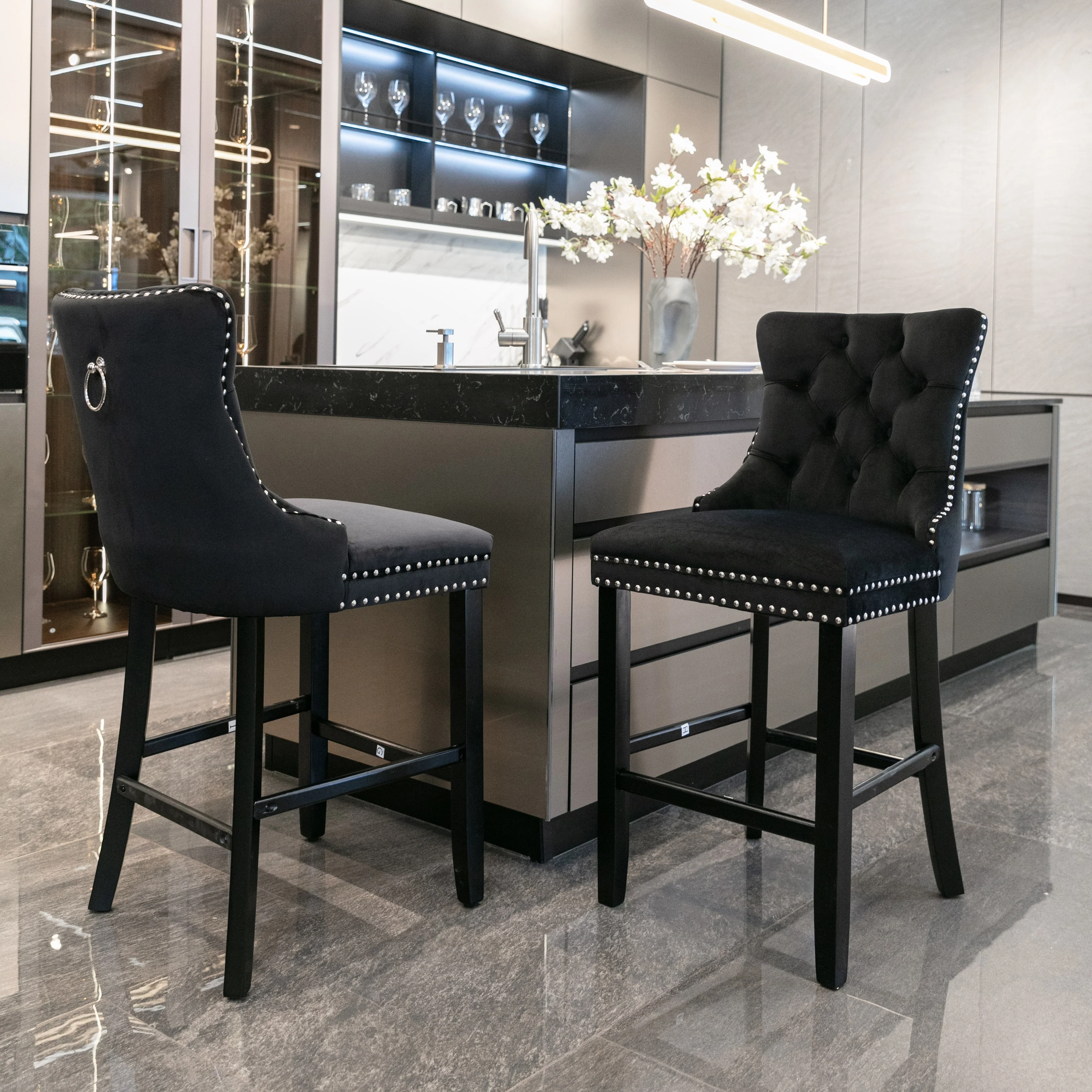 Modern Velvet Upholstered Barstools Bar Chairs with Button Tufted Decoration,Wooden Legs,Chrome Nailhead Trim, Set of 2