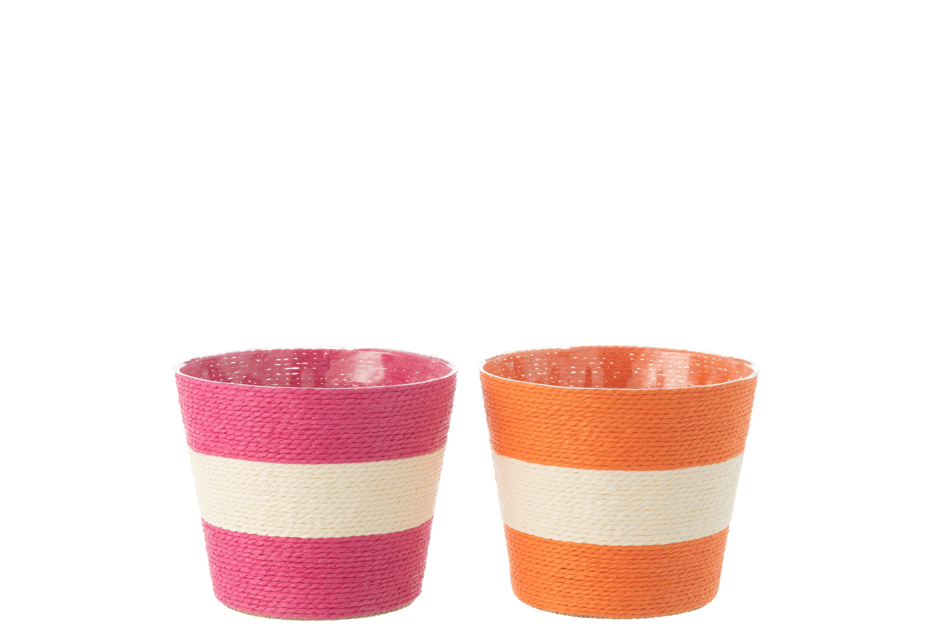 J-Line bloempot Touwtjes Streep - papier - roze/oranje - medium - 2 stuks - Ø 15 cm