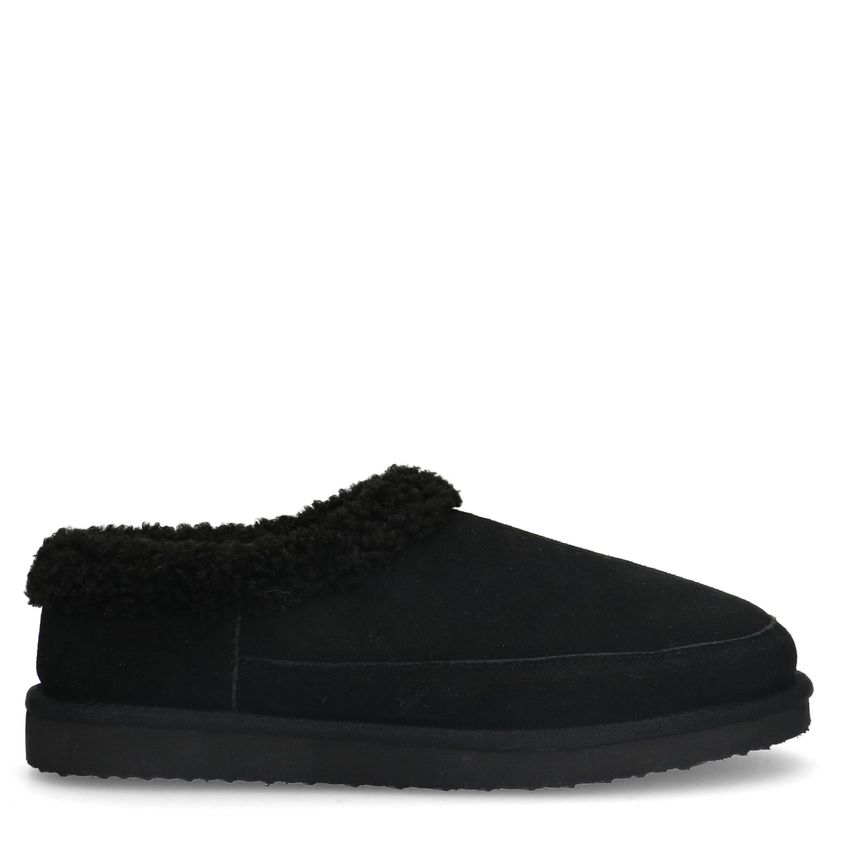 Manfield Zwarte suède pantoffels met imitatie wol