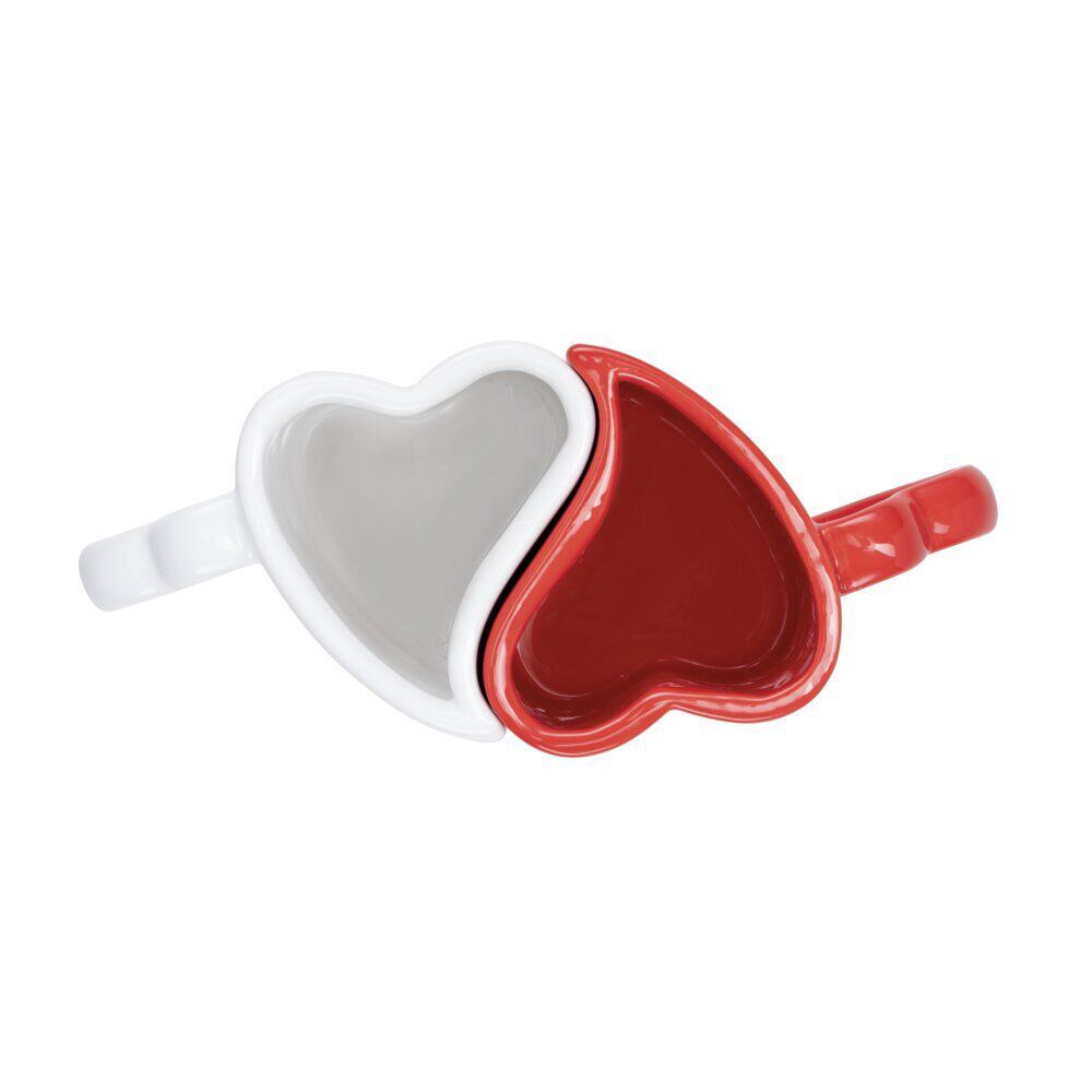 Coffret cadeau mug faïence x2 forme coeur emboÎtable rouge et blanc 7x13xH7,5cm