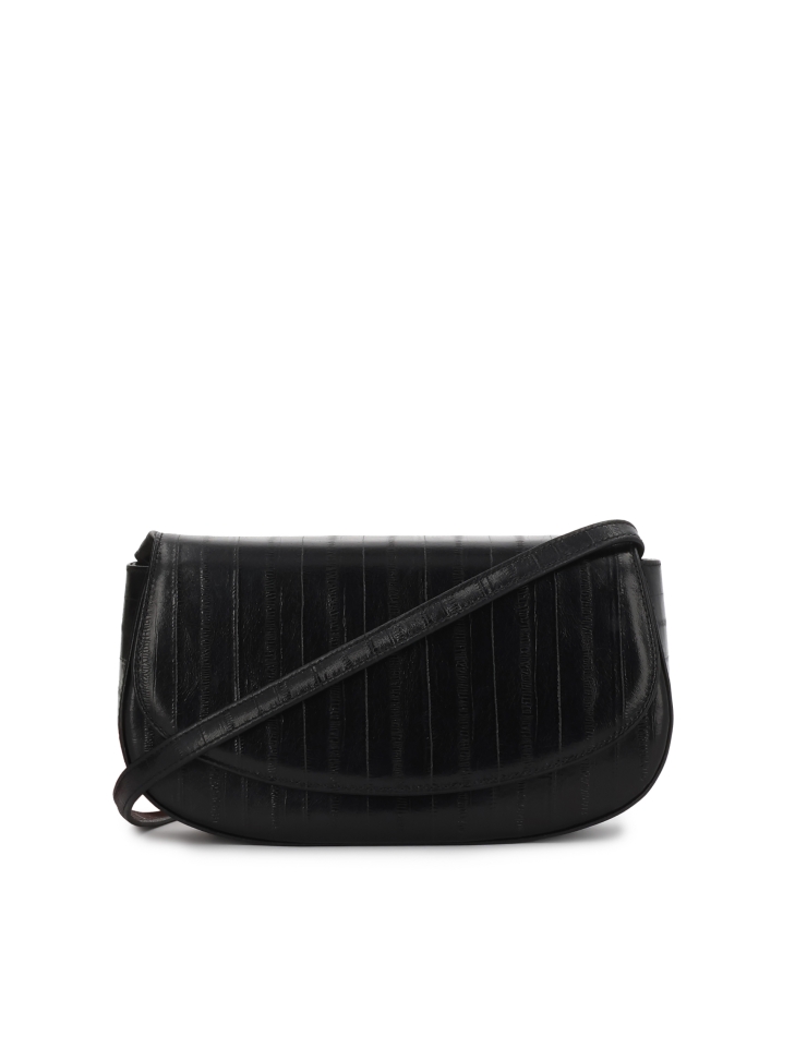 Black rigid handbag with a unique pattern