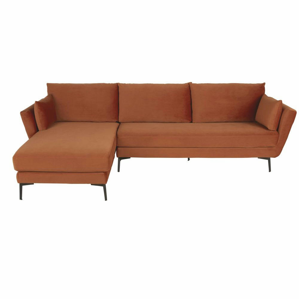 Prague - Canapé d'angle gauche 4/5 places en velours orange écureuil