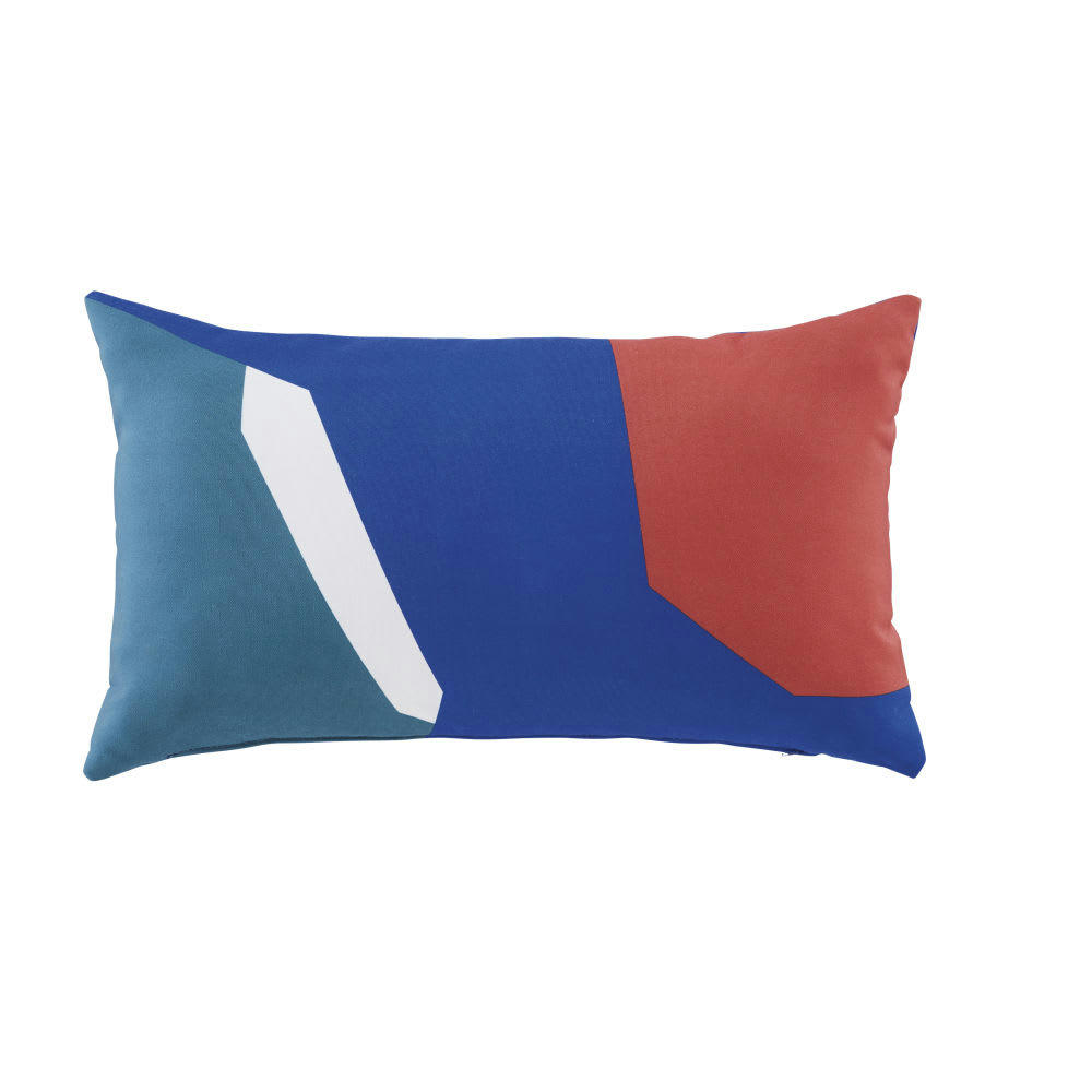 MORON - Coussin bleu, terracotta, écru et vert 50x30