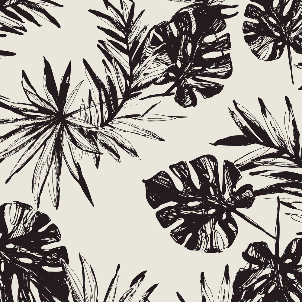 Nappe ronde tissu motif feuillage exotique blanc et noir Ø160cm