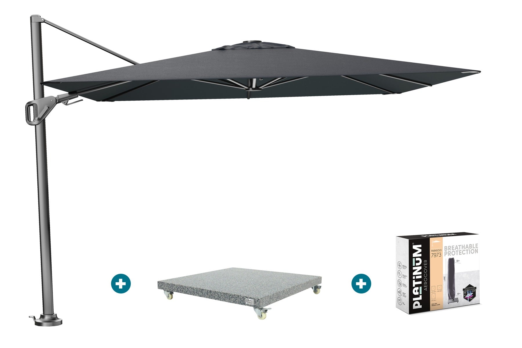 Platinum Nexus T2 zweefparasol 3x3 m. - met voet en hoes