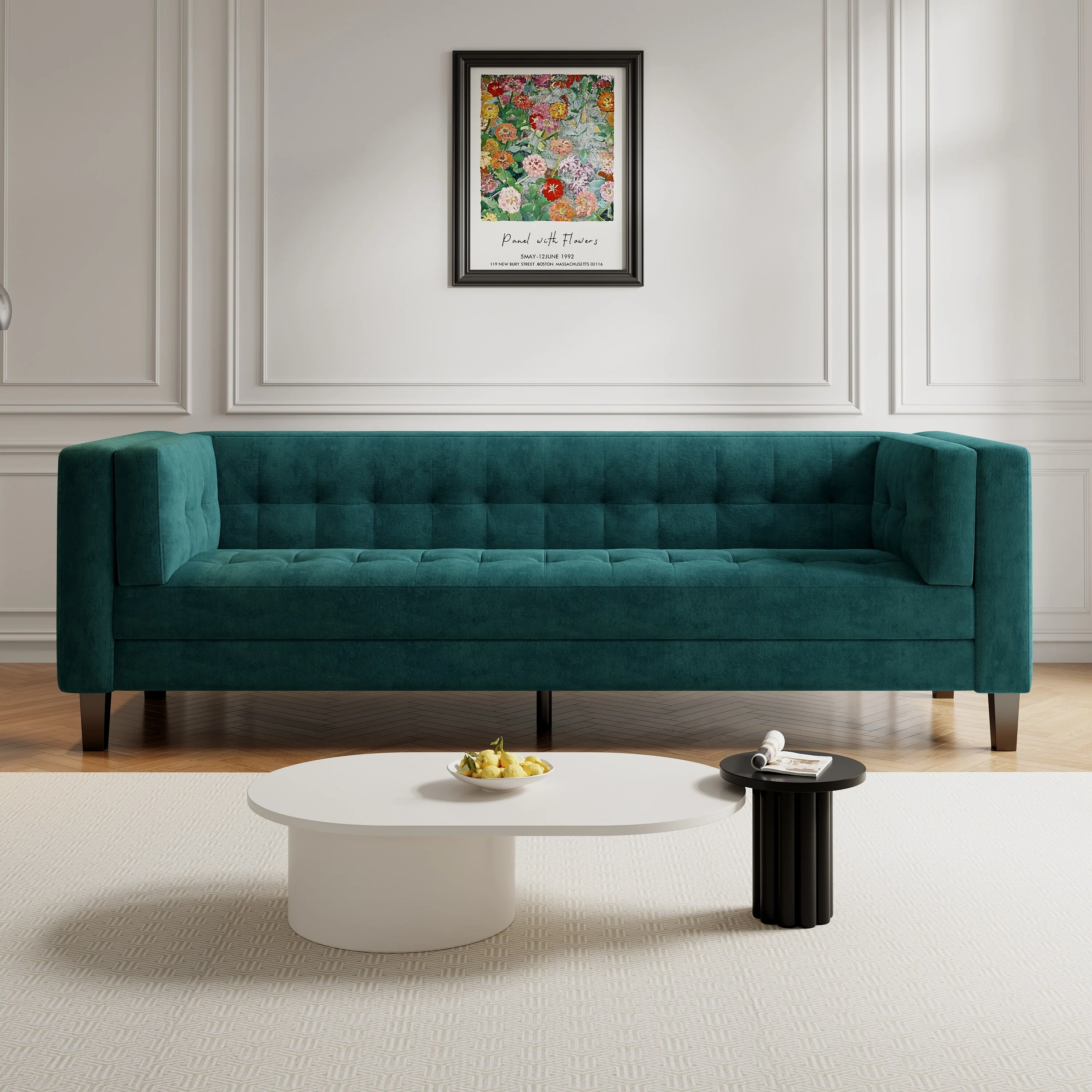 Frosty Green 89.75 Velvet 3-seater Button Tufted Sofa with Wood Legs and Kiln-Dried Hardwood Frame for Living Room