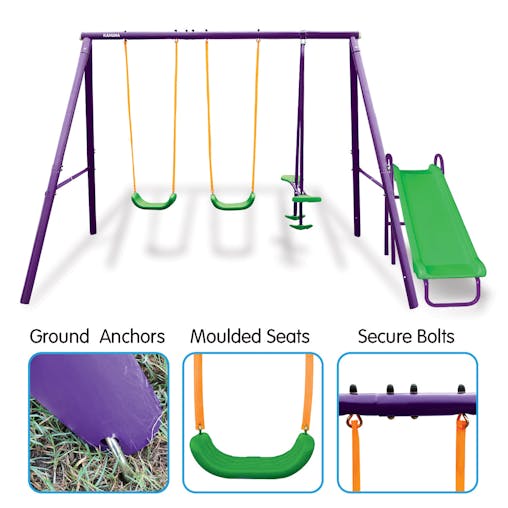 NNEDPE Kahuna Kids 4-Seater Swing Set with Slide Purple Green