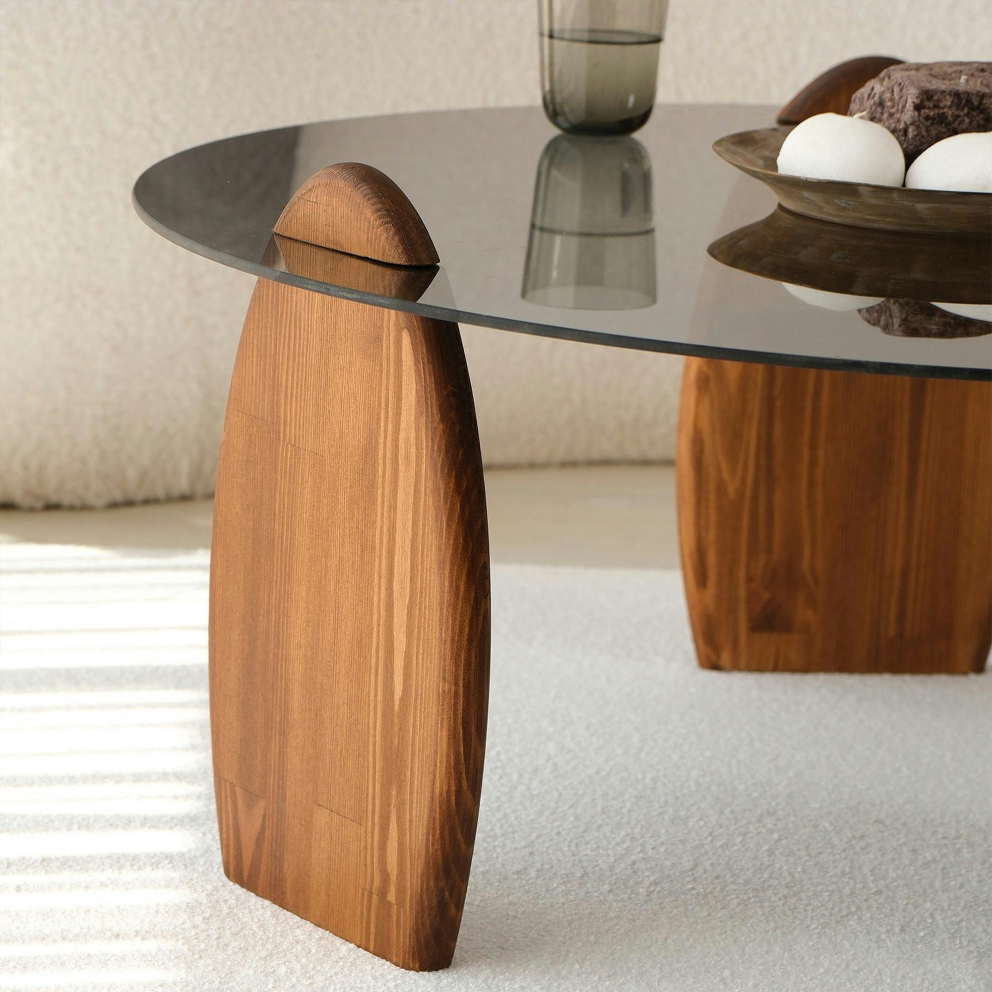 Table basse ronde en verre fumé - 3 pieds bois brun ANZIO