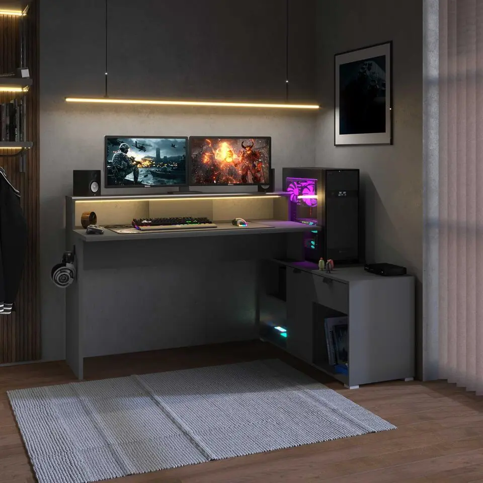 Gamingbureau Vortex - 229x60x95cm - met ledverlichting - donkergrijs
