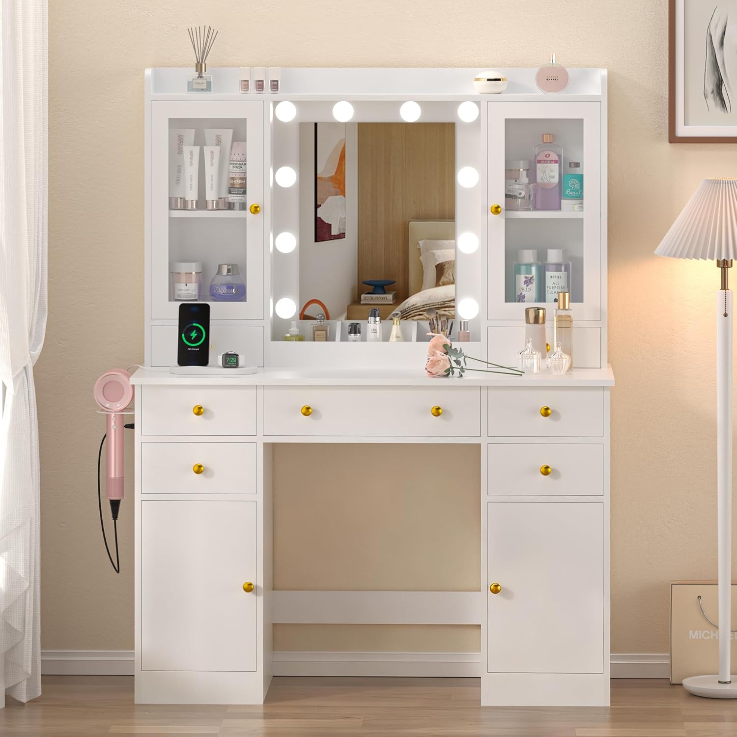 Vanity Desk with Mirror and Lights, 43 White Makeup Vanity Set with 5 Drawers & Glass Cabinets, Makeup Tray, Power Outlet & Adjustable LED Lights, Dressing Table for Women & Girls Bedroom