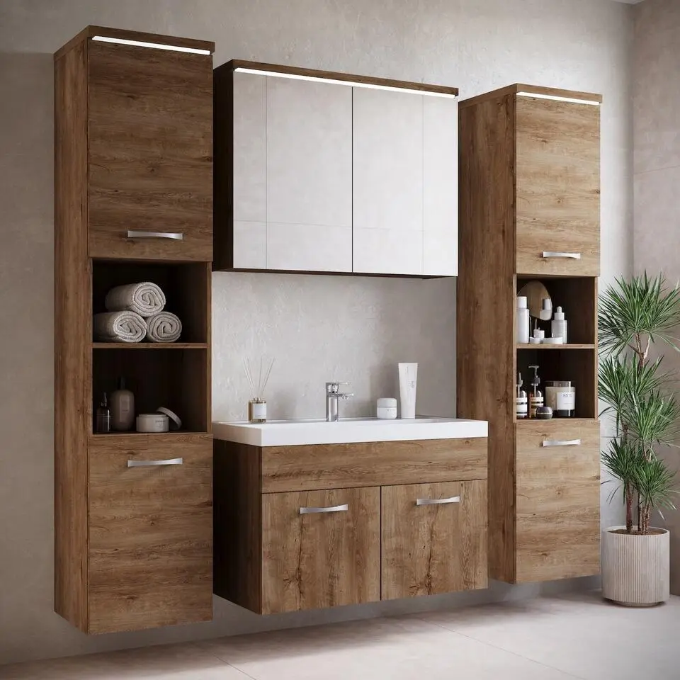 Badplaats Badkamermeubel Paso XL LED 80cm met spiegelkast - bruin eiken