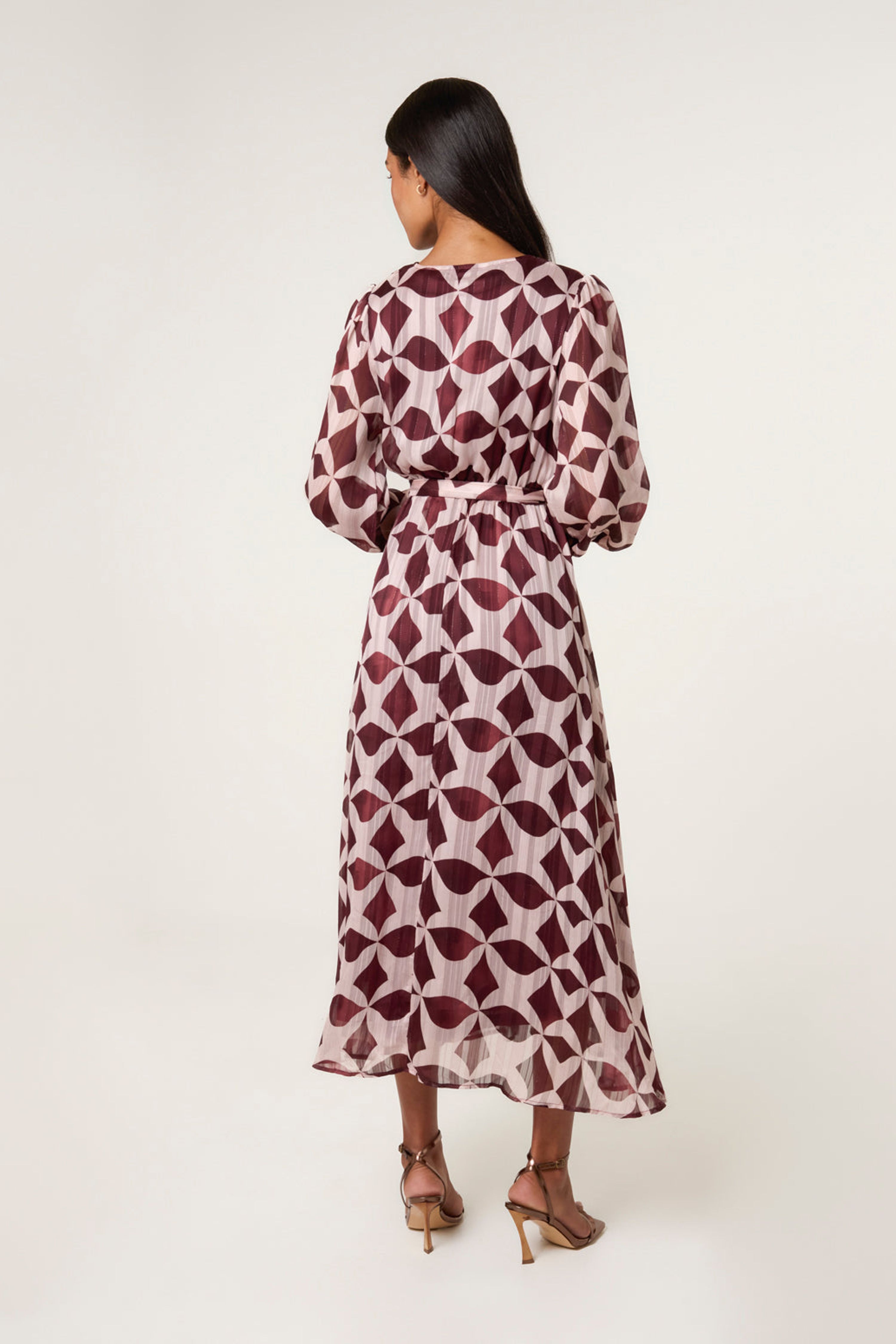 Blue Vanilla Wine Geometric Metallic Wrap Maxi Dress