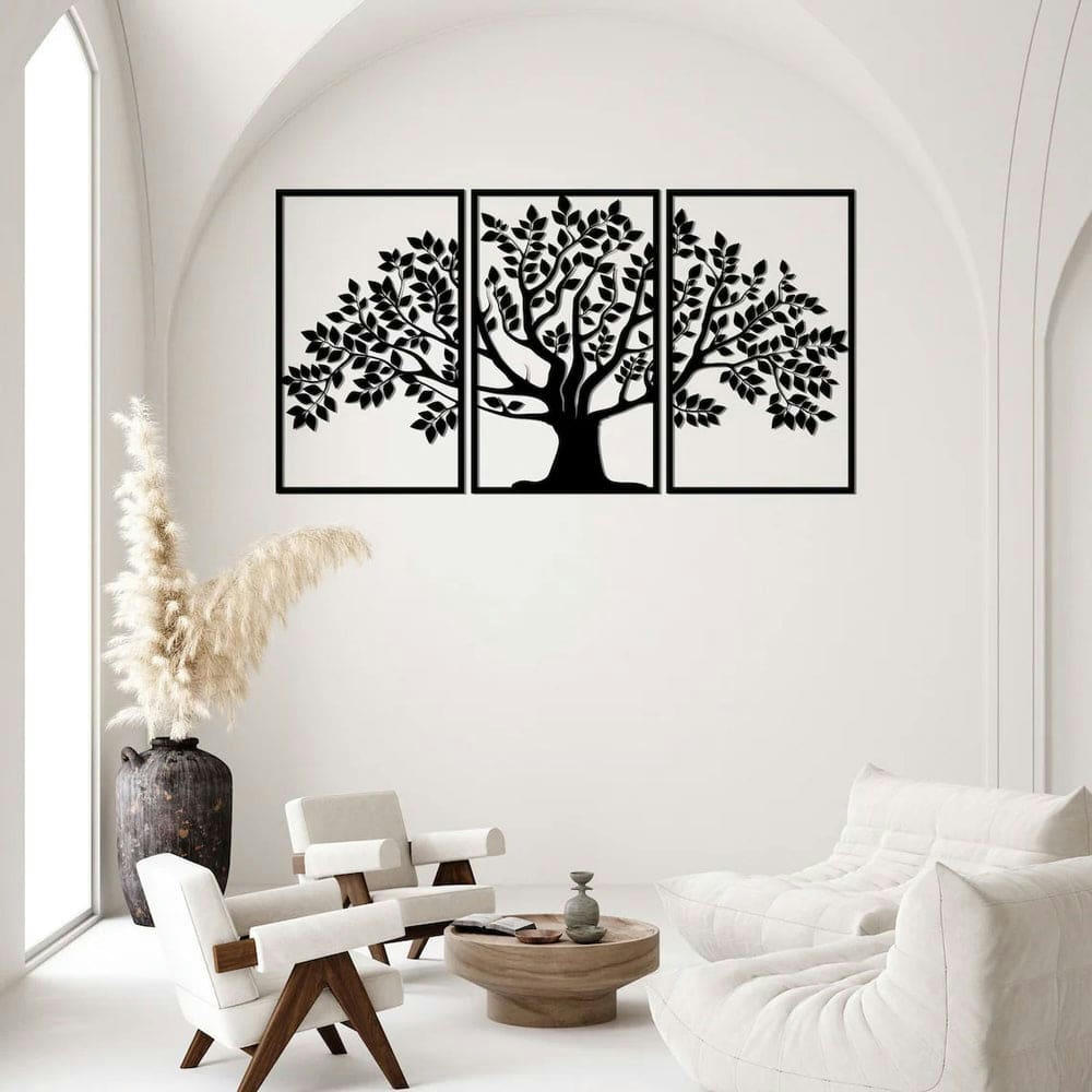 - Décoration murale triptyque arbre de vie en métal noir 111x60 cm
