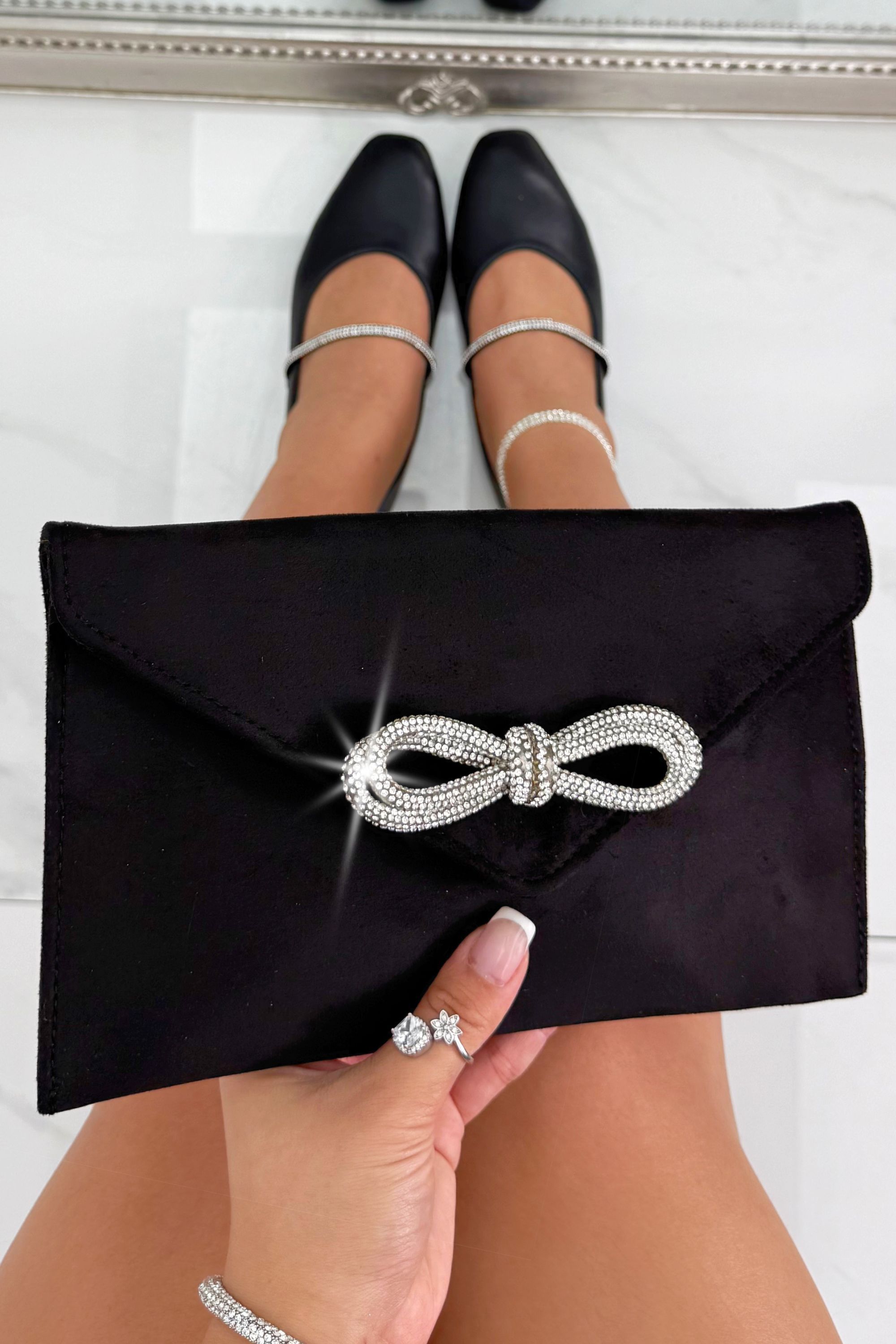 Love Lemonade Crystal Bow Embellished Faux Suede Clutch Bag