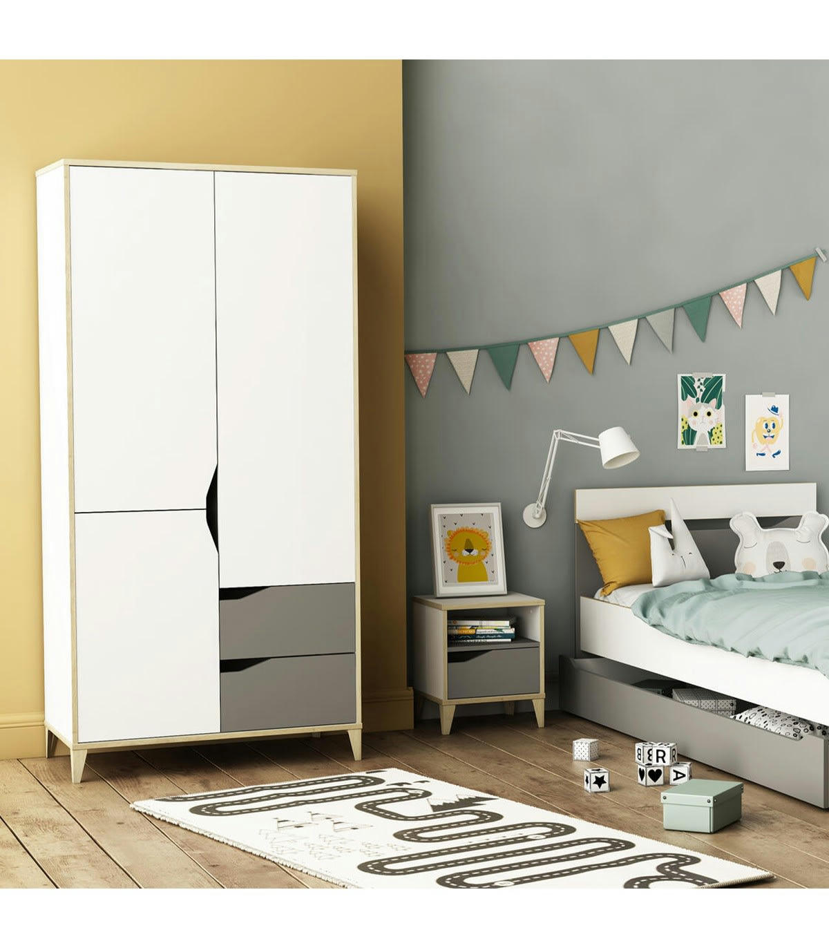 GENIUS - Armoire 3 Portes 2 Tiroirs avec Penderie L89 cm  - Gris et blanc