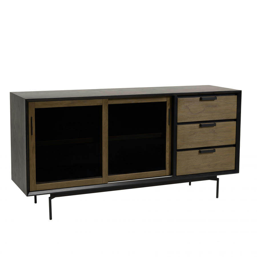 ALMA - Buffet 2 portes en verre fumé pieds métal noir