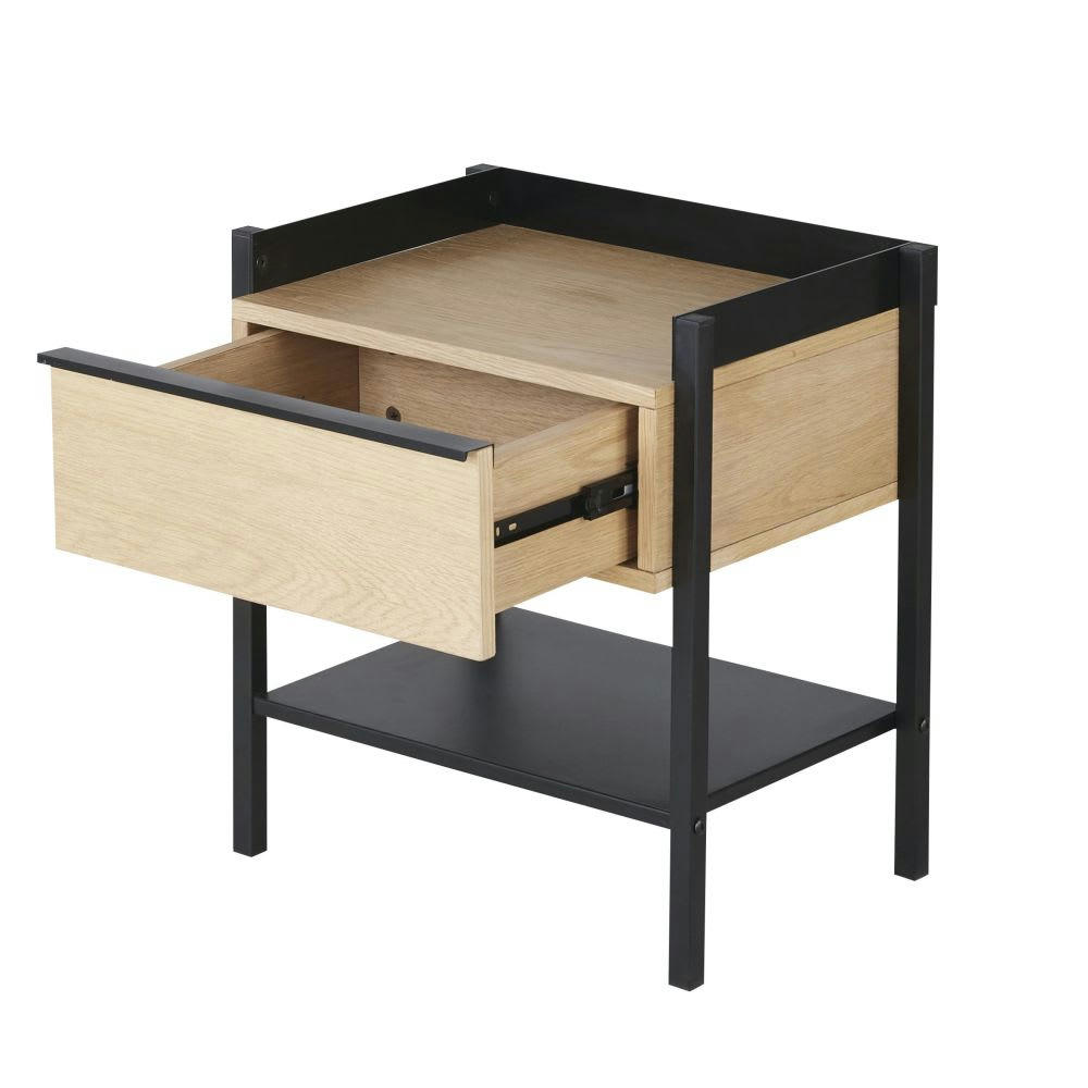 Mudo - Table de chevet 1 tiroir 1 étagère et métal noir