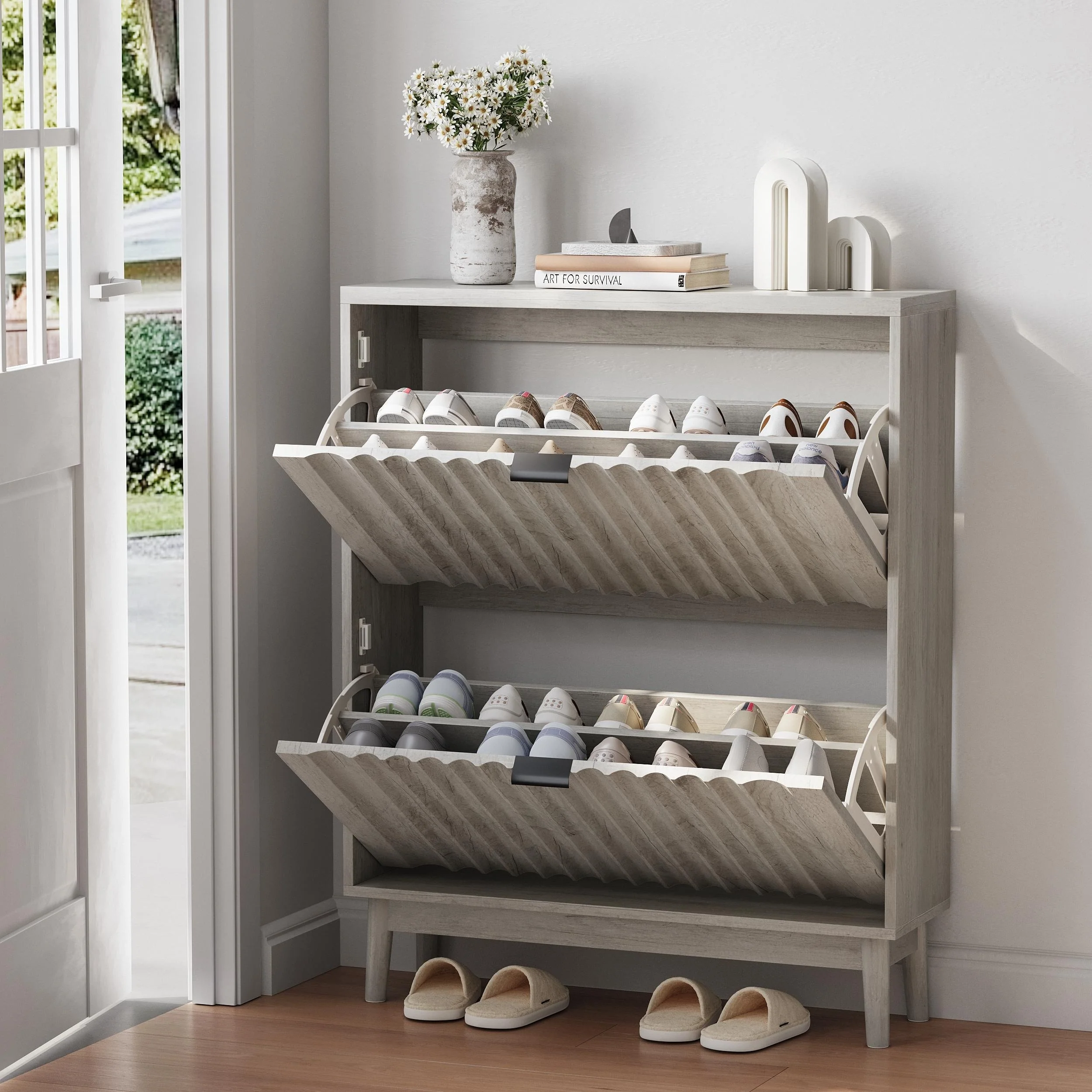 Fluted Shoe Cabinet for Entryway, Slim Shoe Storage Cabinet with 2 Flip Drawer and Solid Wood Legs Narrow Shoe Organizer