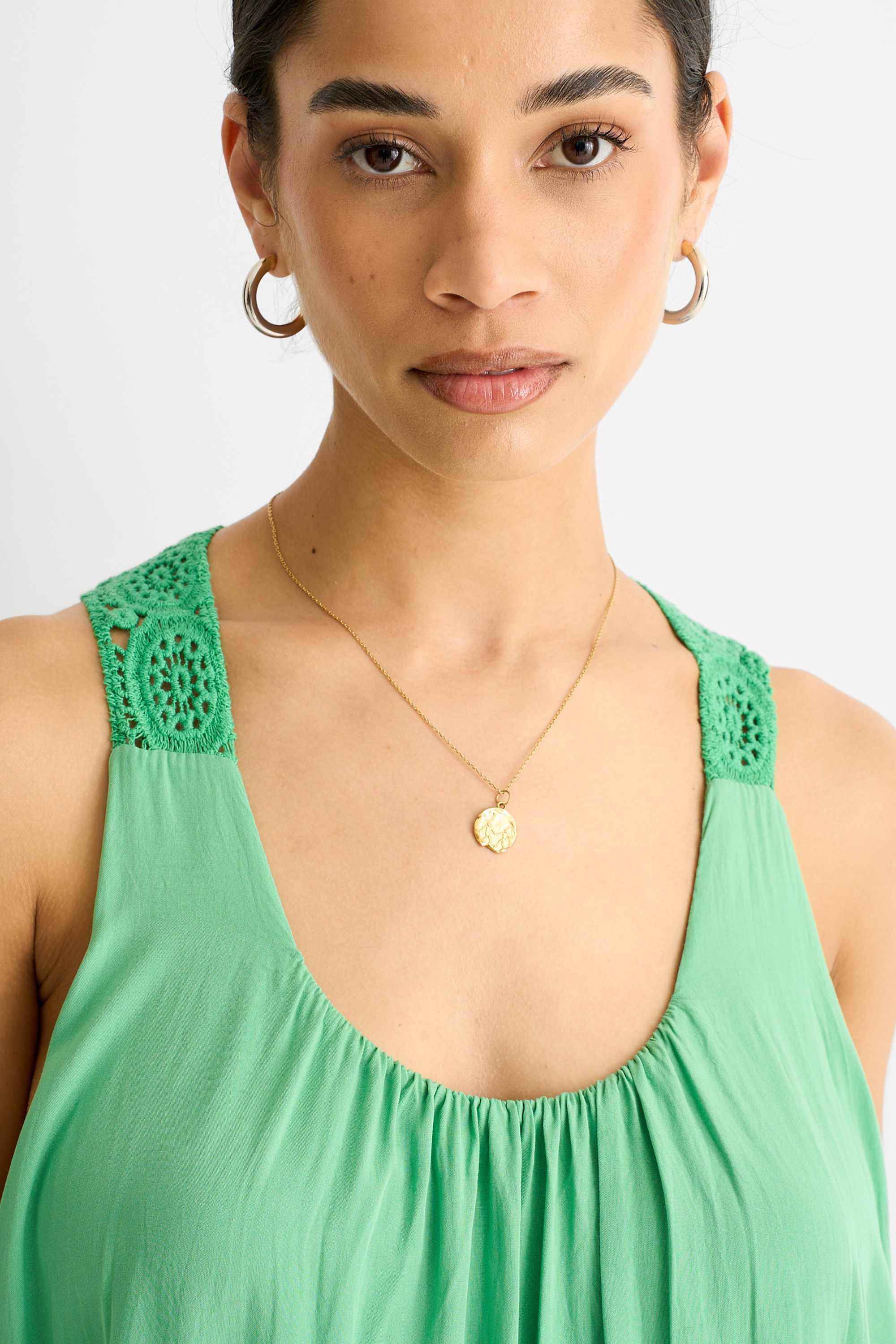 Gini London Green Crochet Panel Double Layer Cotton Mini Dress