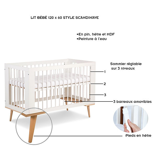 Ensemble Commode à Langer Et Lit Bébé Style Scandinave 120x60 Blanc