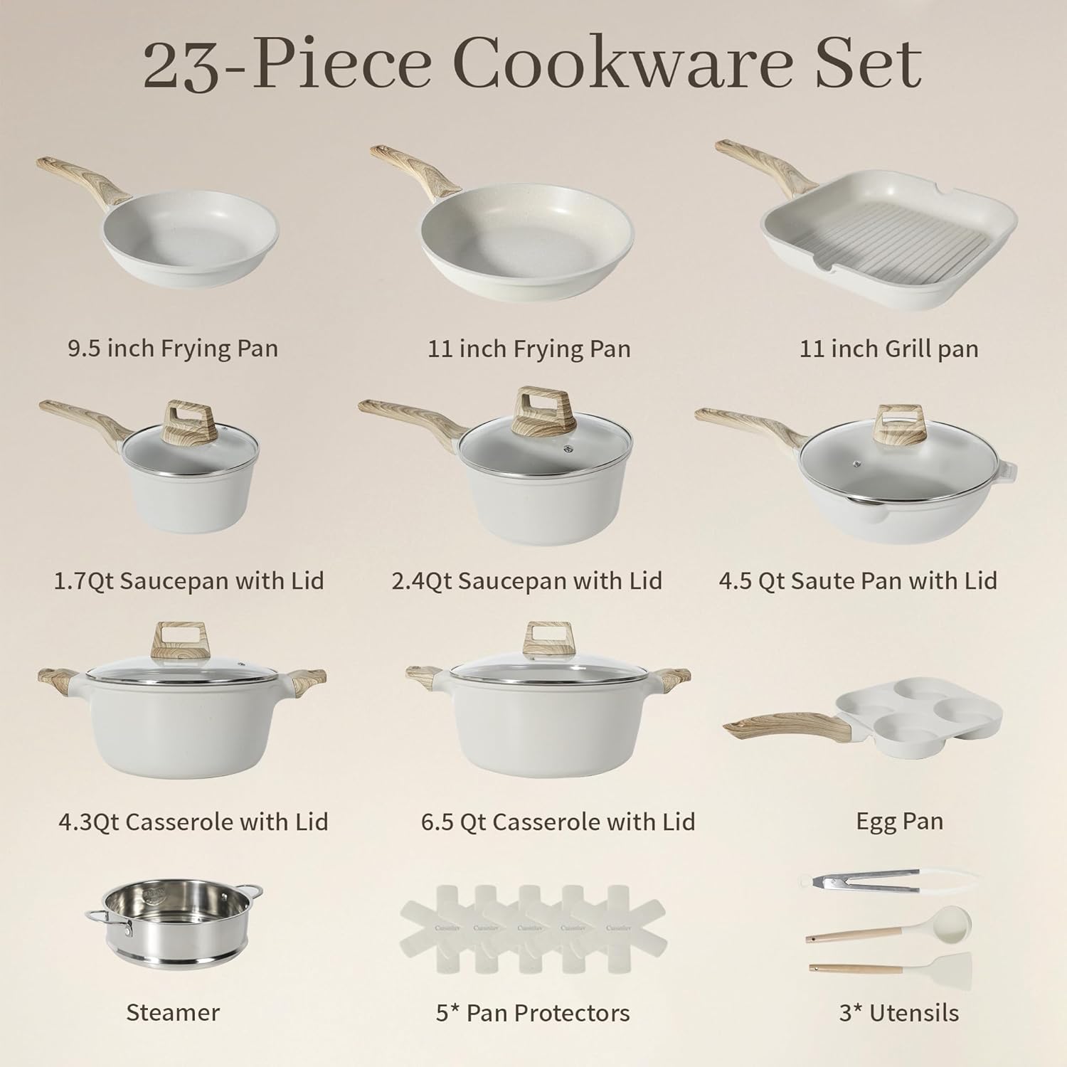 23Pcs Pots and Pans Set Non Stick, Kitchen Cookware Sets, Granite Induction Cookware Non Stick Cooking Set w/Frying Pans, Saucepans, Griddle, EggPan (White)