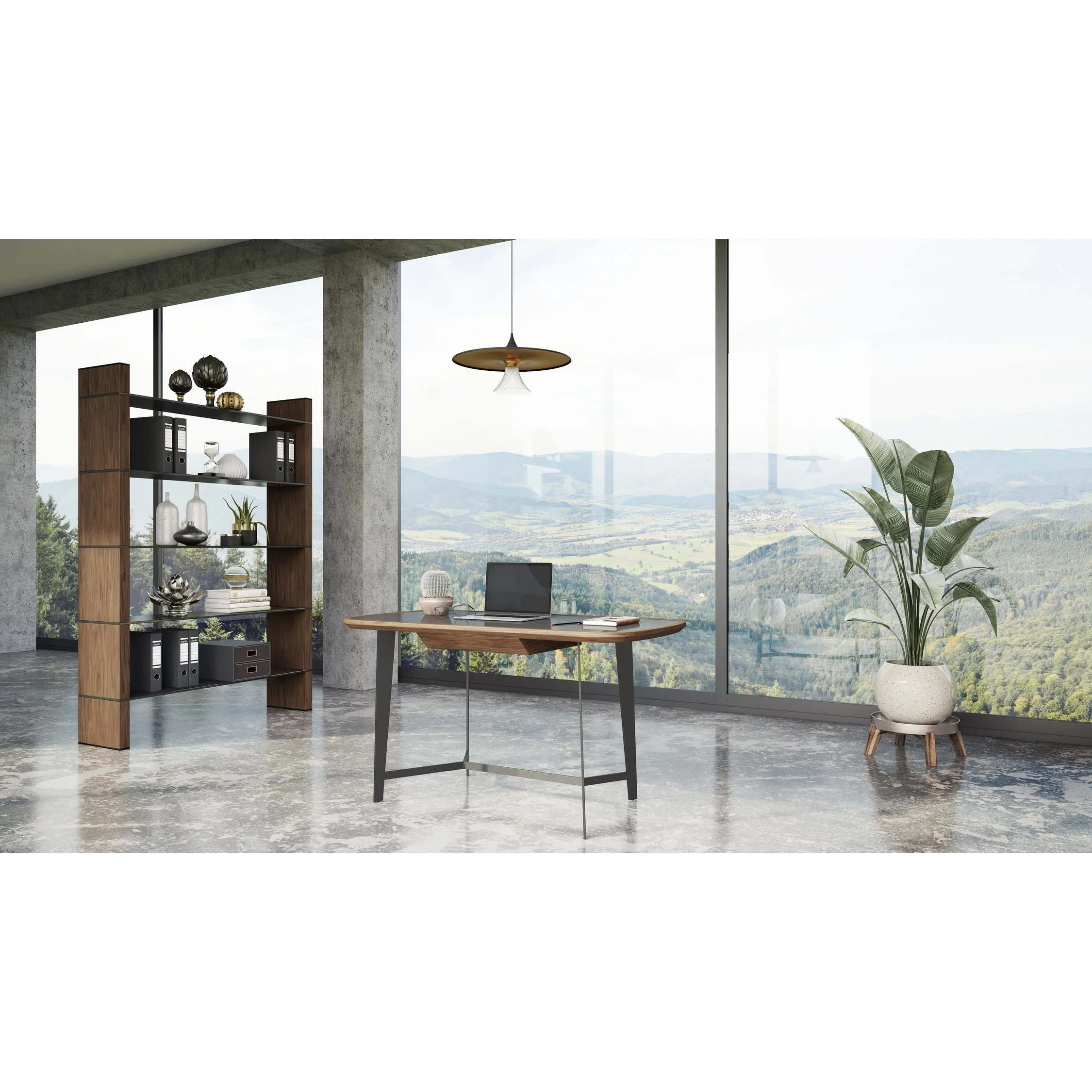 Modrest Glencoe Modern Walnut & Black Glass Bookshelf