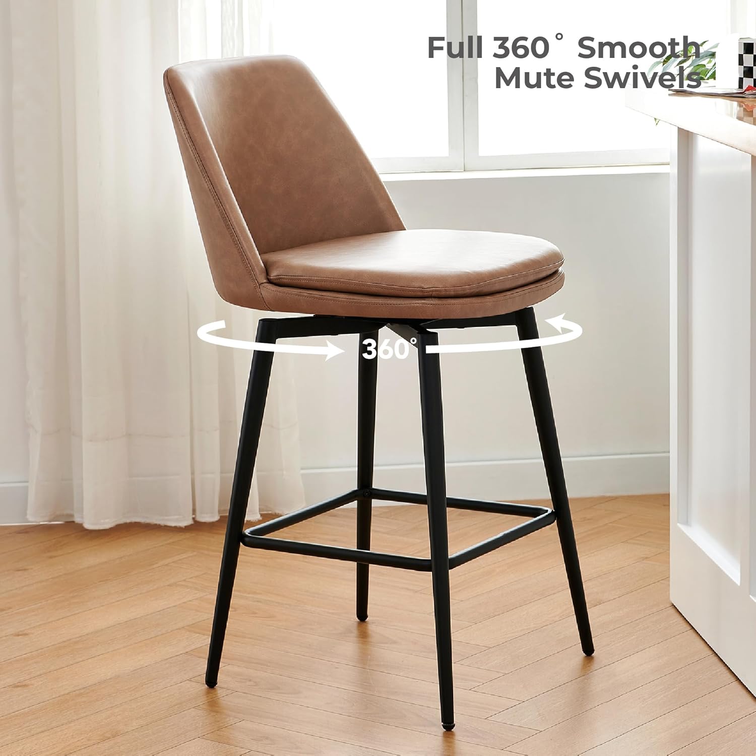 CHITA Swivel Bar Stools, 27.2 Counter Height Bar Stools Set of 3, FSC Certified Upholstered Modern Counter Stools, Metal Legs, Faux Leather, Saddle Brown