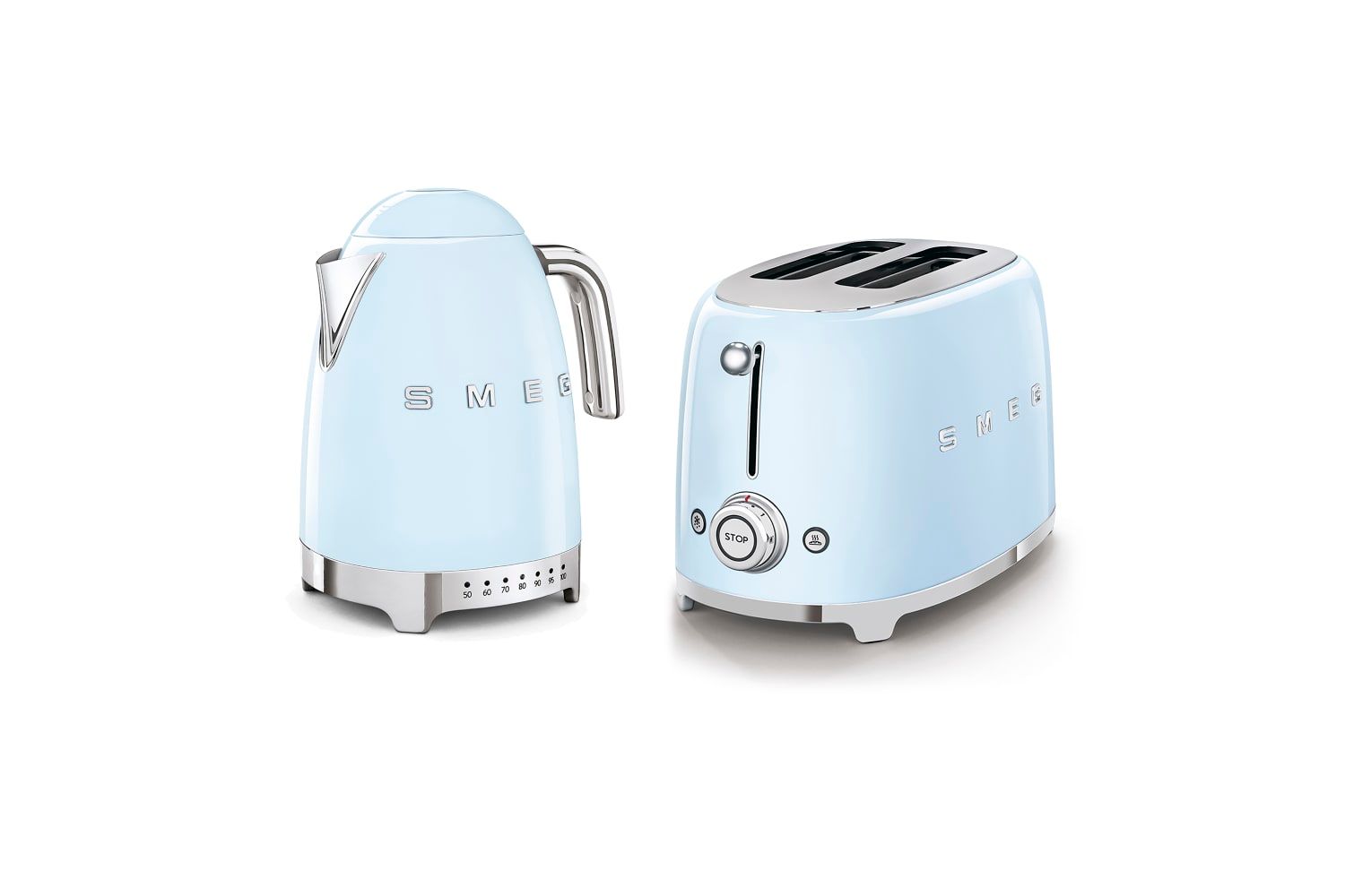 Smeg 1.7L 3kw Kettle temperature Controlled & 2 Slice Toaster Set in Pastel Blue