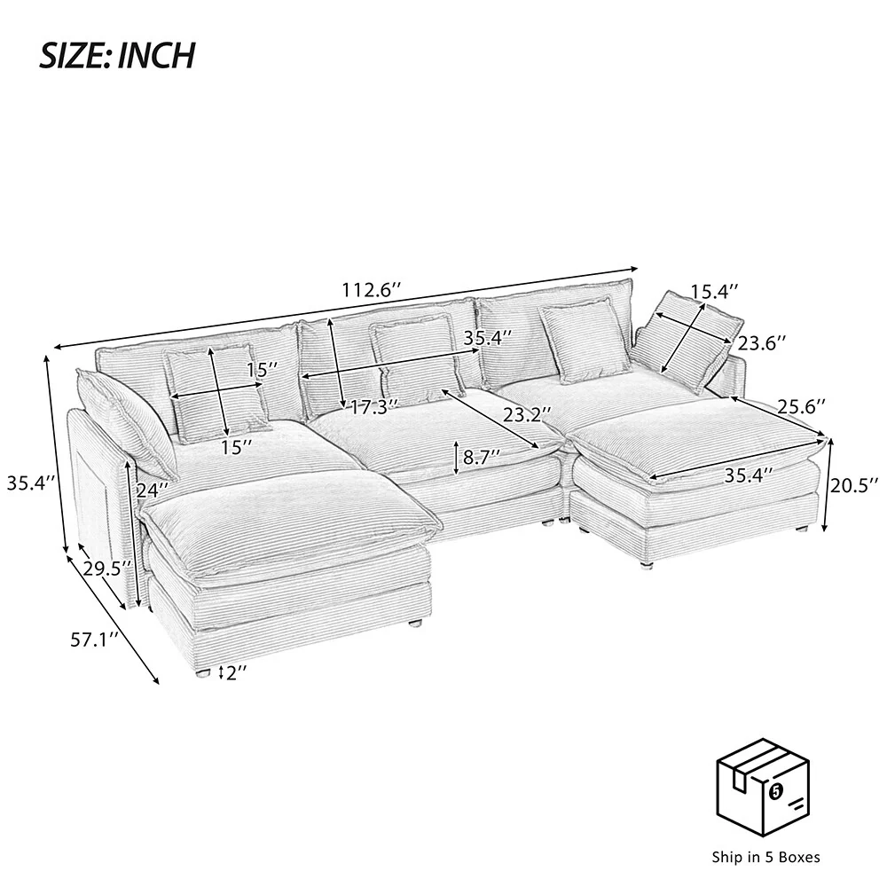 112.6 Corduroy L-Shape Sectional Sofa,Spacious Modular Design,Storage