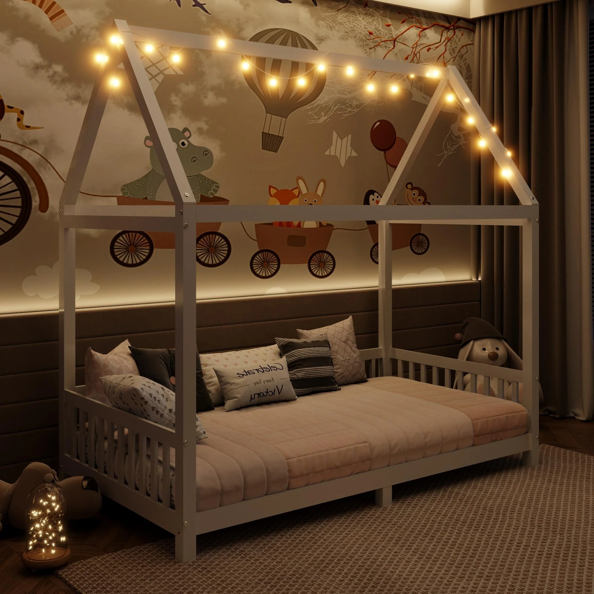 Twin Size Solid Wood House Bed with LED & Roof