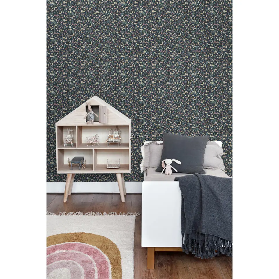 ESTAhome behang bloemetjes donkerblauw, lila roze en vergrijsd groen