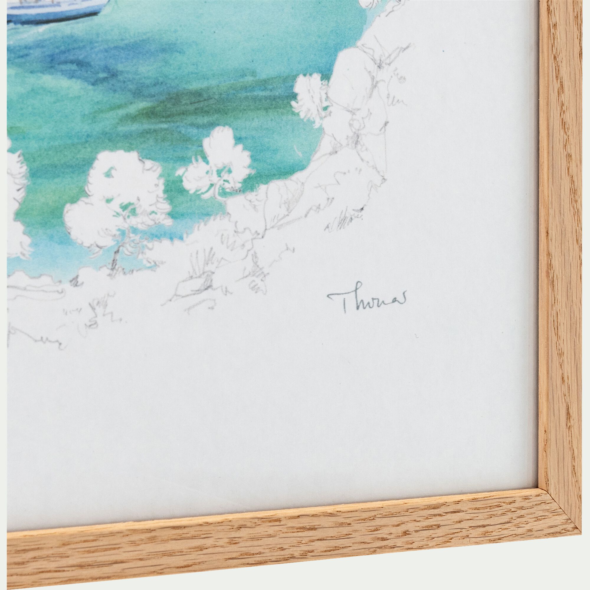 KALANCA - Aquarelle encadrée crique 38x53cm - bleu