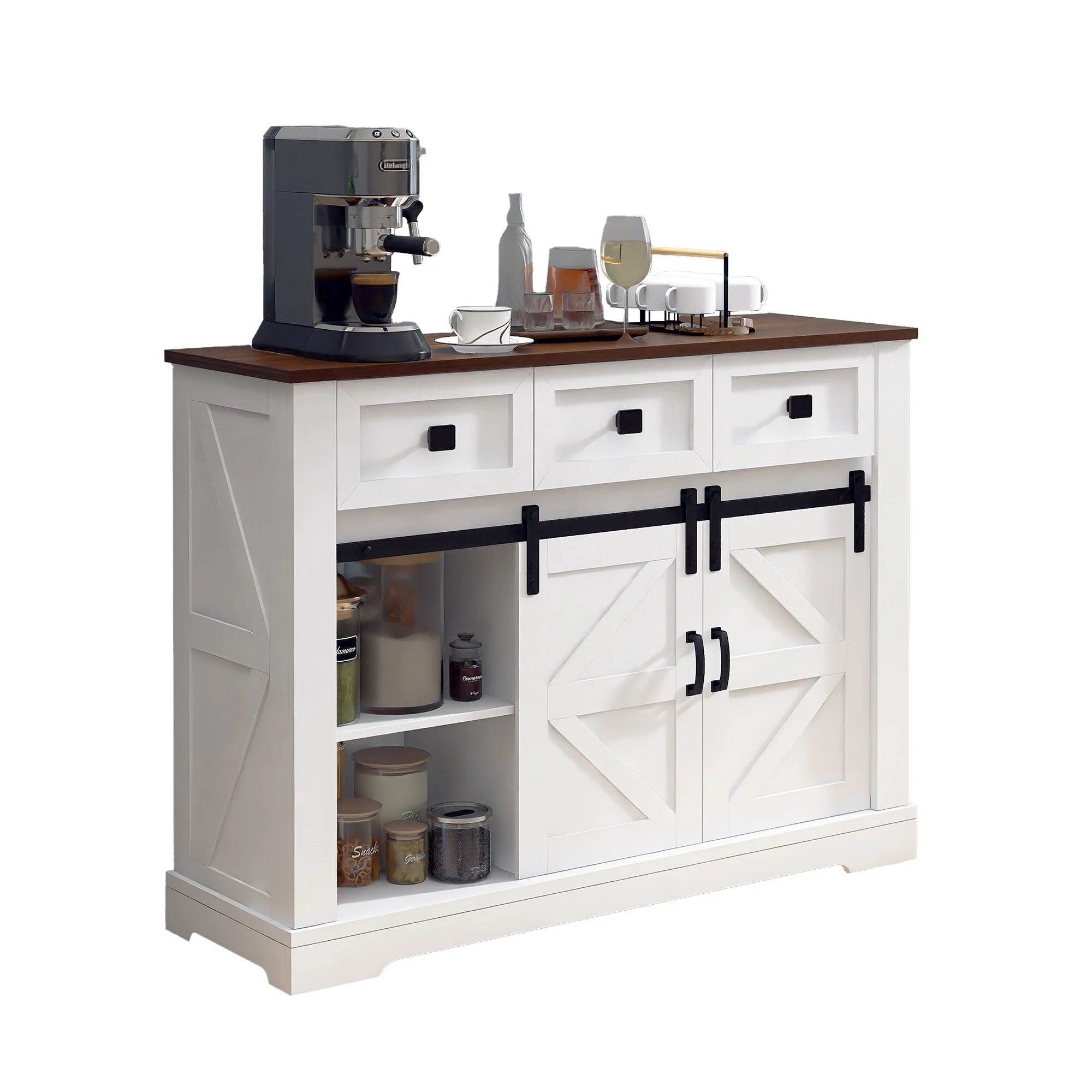 Farmhouse Buffet Cabinet with Sliding Door, 3 Drawers and Adjustable Shelves