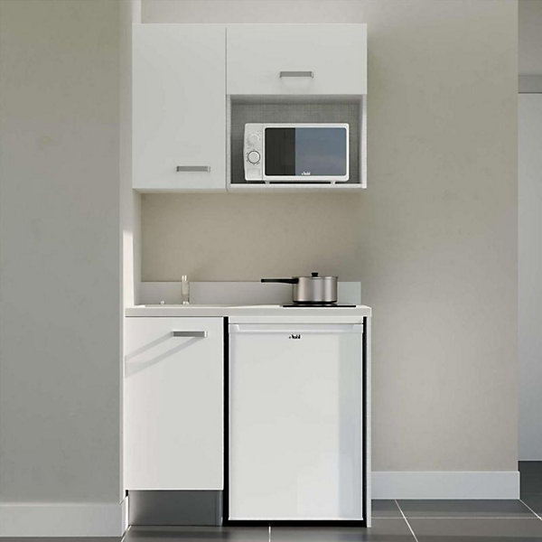 Kitchenette K00 - 100 cm - façades Blanc - Plan monobloc en quartz coloris Snova évier à gauche - Electroménager Blanc